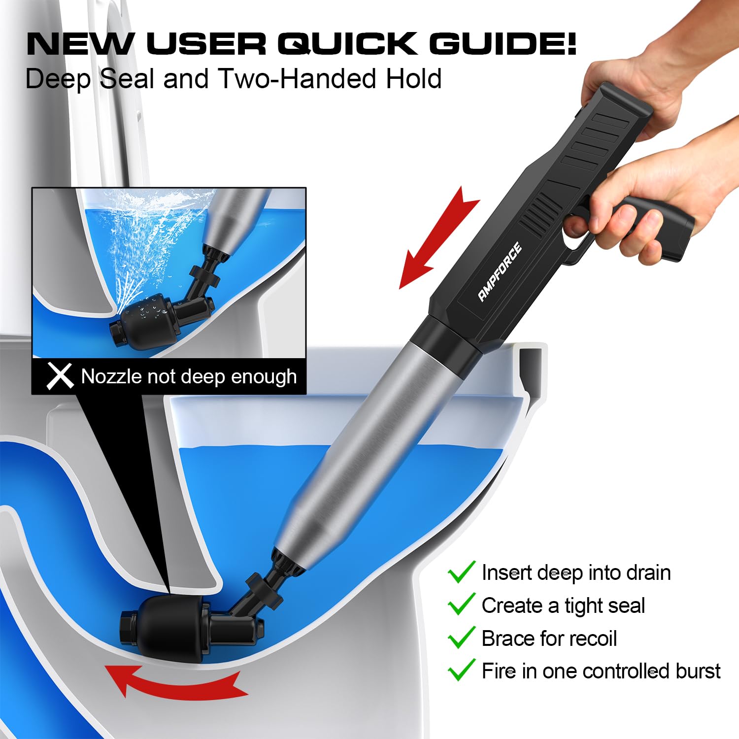 Electric Toilet Plunger with TurboPlunge Technology – Cordless High-Pressure Drain Cleaner, Multi-Head Unclogger, 120° Anti-Splash Design (Black) - Image 4