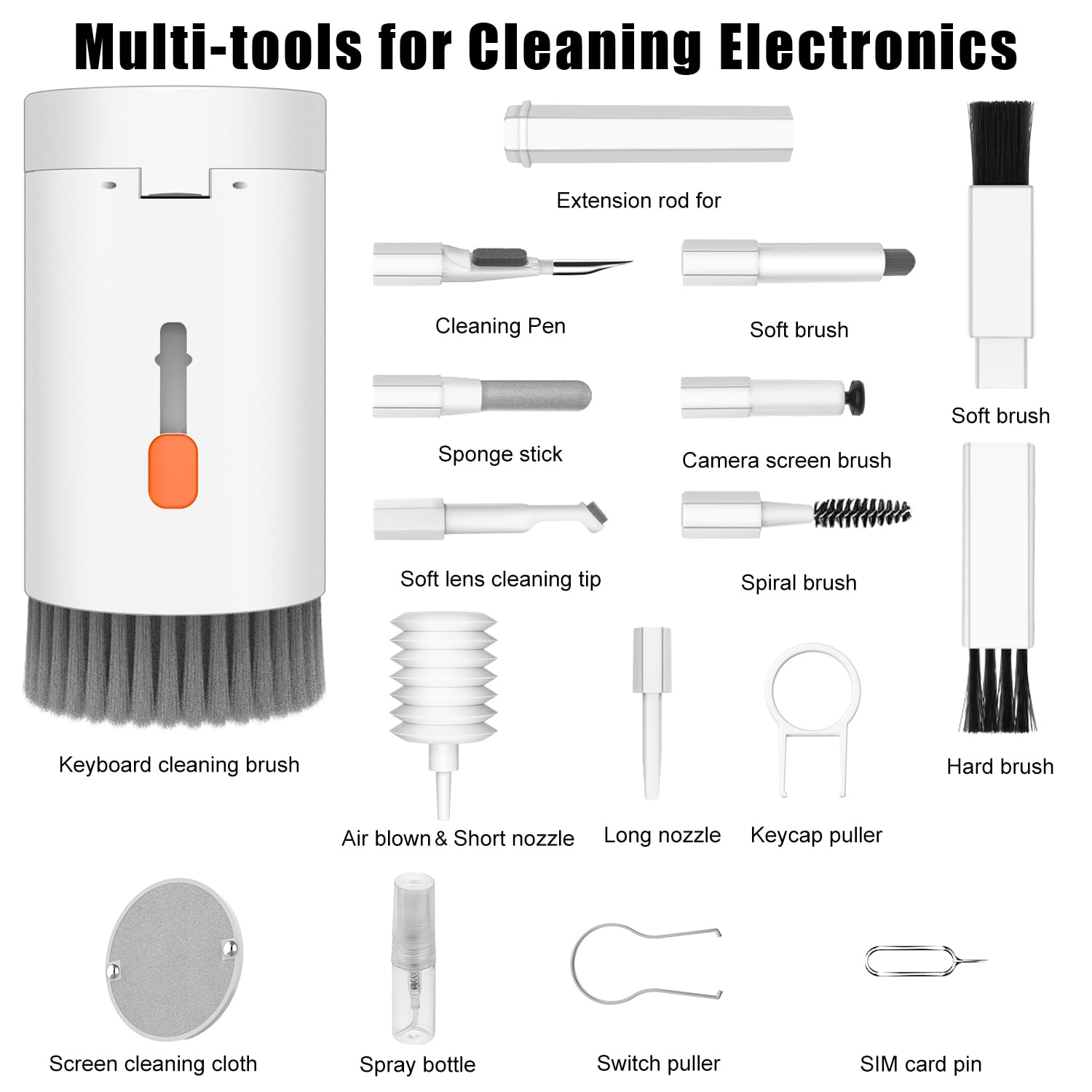 20-in-1 Multi-Function Electronics Cleaning Kit – Portable Keyboard, Earphone, Camera & Screen Cleaner Set with Brush, Spray Bottle & Tools (White) - Image 7