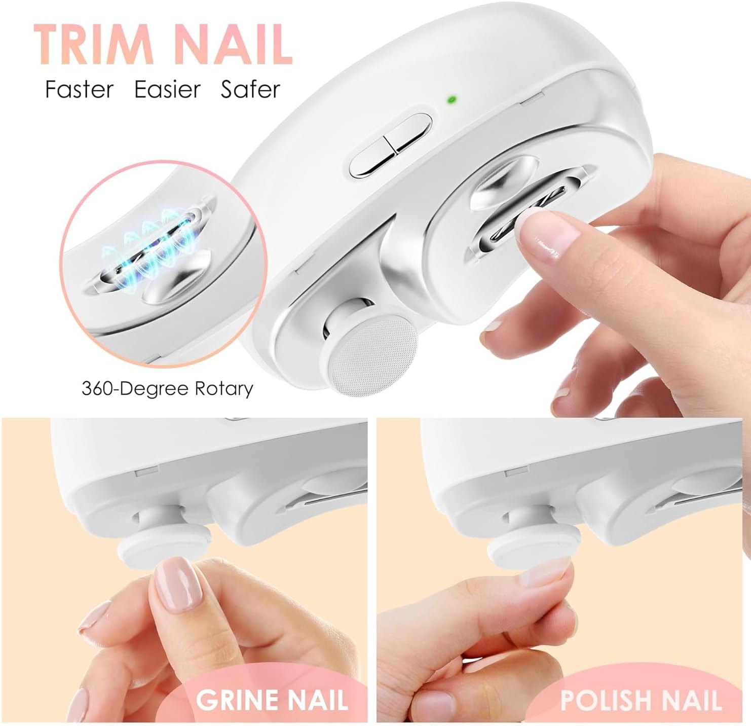 3-in-1 Electric Nail Trimmer for Kids, Adults & Seniors – Auto Nail Clipper with Polish Plate, Dust Collector, LED Light, Whisper-Quiet 40dB Operation, USB-C Rechargeable, Safe for Sensitive Nails (White) - Image 2