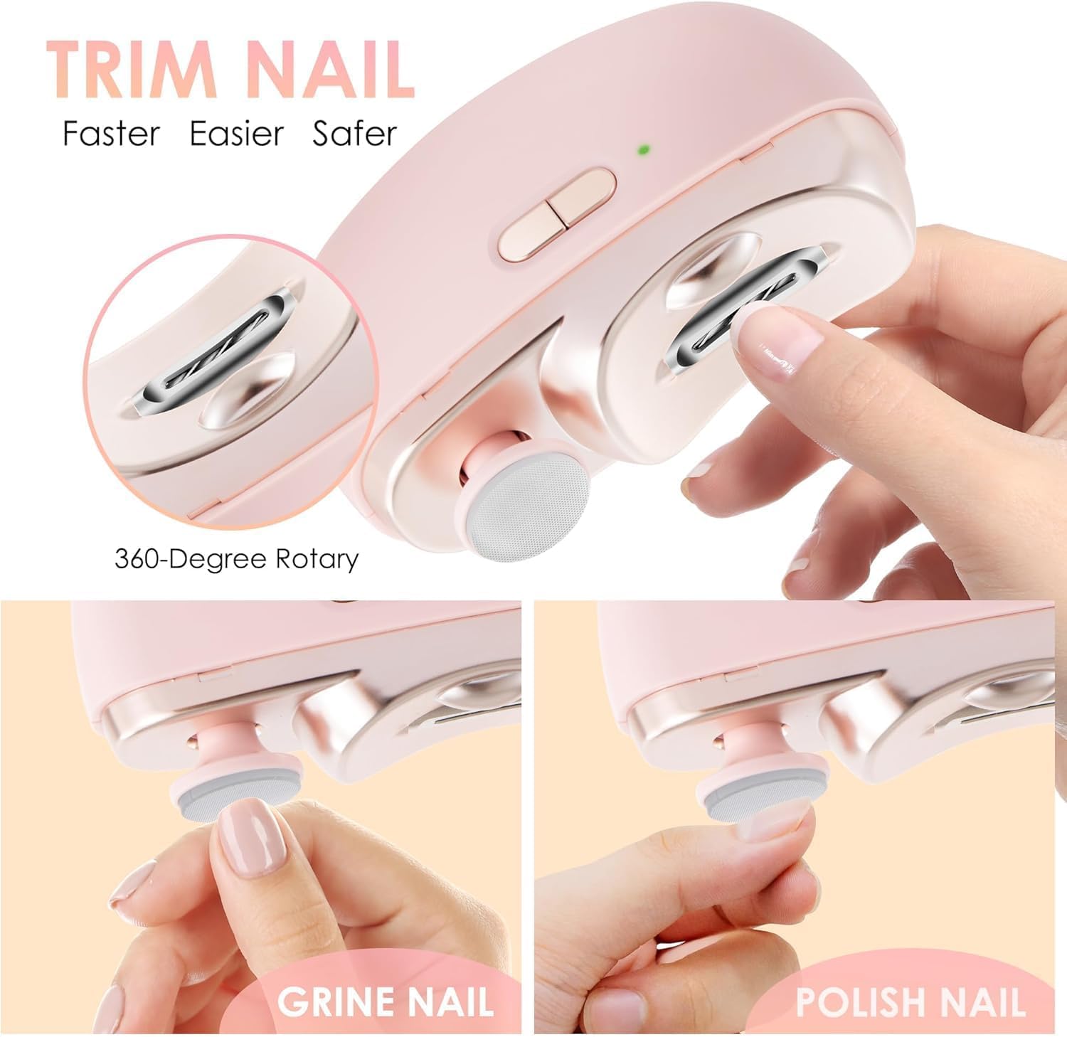 3-in-1 Electric Nail Trimmer for Kids, Adults & Seniors – Auto Nail Clipper with Polish Plate, Dust Collector, LED Light, Whisper-Quiet 40dB Operation, USB-C Rechargeable, Safe for Sensitive Nails (Pink) - Image 2