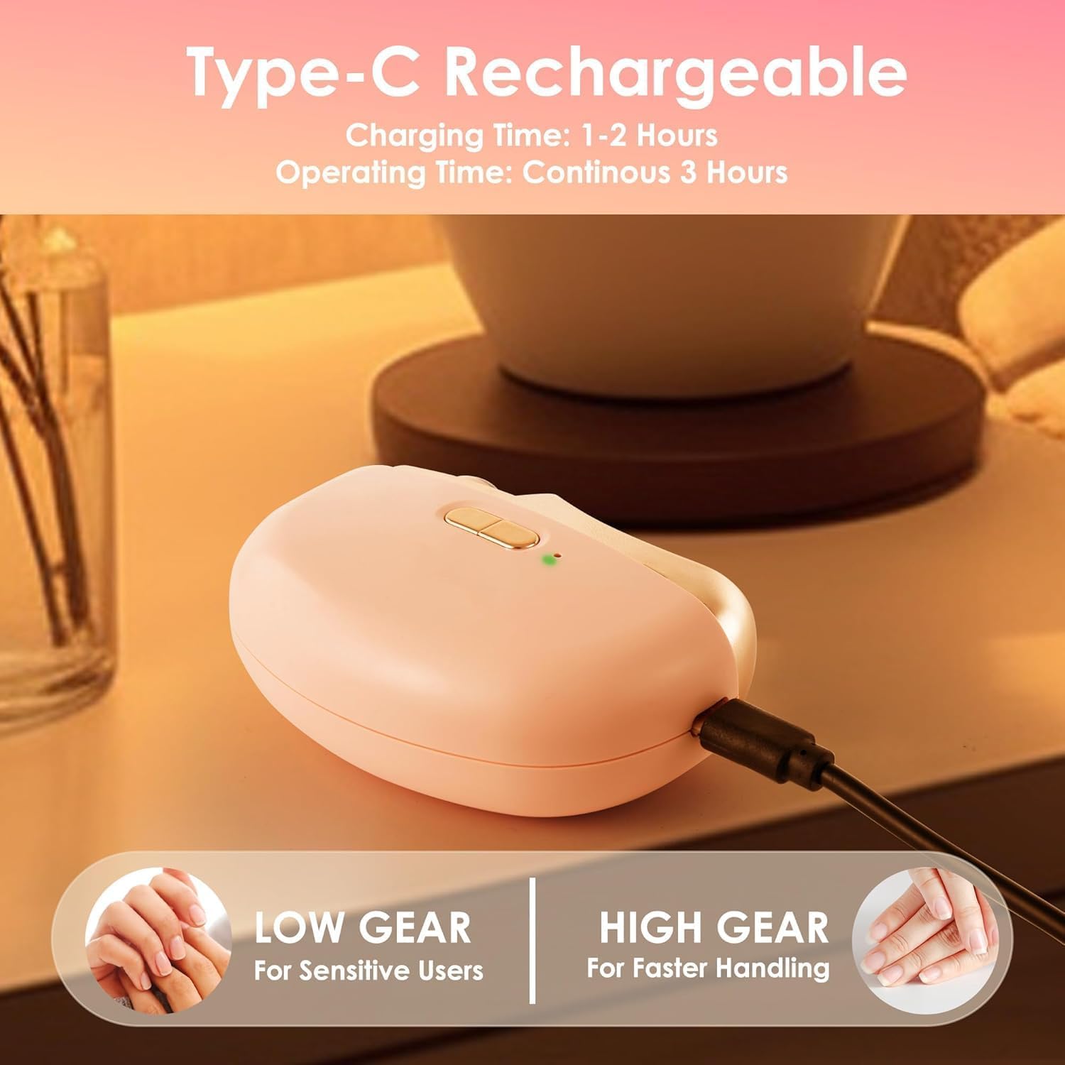 3-in-1 Electric Nail Trimmer for Kids, Adults & Seniors – Auto Nail Clipper with Polish Plate, Dust Collector, LED Light, Whisper-Quiet 40dB Operation, USB-C Rechargeable, Safe for Sensitive Nails (Pink) - Image 4