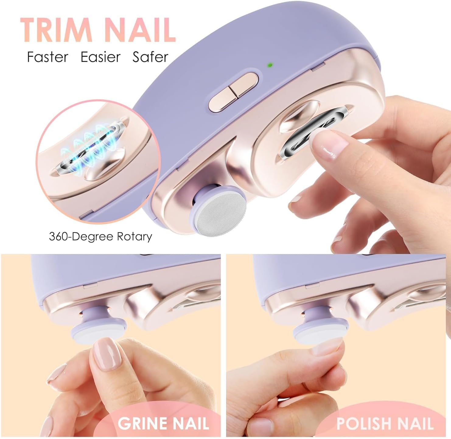 3-in-1 Electric Nail Trimmer for Kids, Adults & Seniors – Auto Nail Clipper with Polish Plate, Dust Collector, LED Light, Whisper-Quiet 40dB Operation, USB-C Rechargeable, Safe for Sensitive Nails (Purple) - Image 2