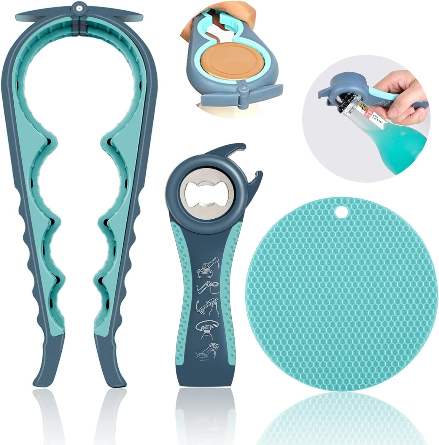 5-in-1 Bottle Opener & 4-Size Jar Opener Set with Adjustable Grip, Silicone Pad, and Ergonomic Handle—Multi-Function Kitchen Tool for Cans, Jars, Bottles, Pull Tabs, and Caps—Durable, Easy-to-Use Design (Blue) - Image 1
