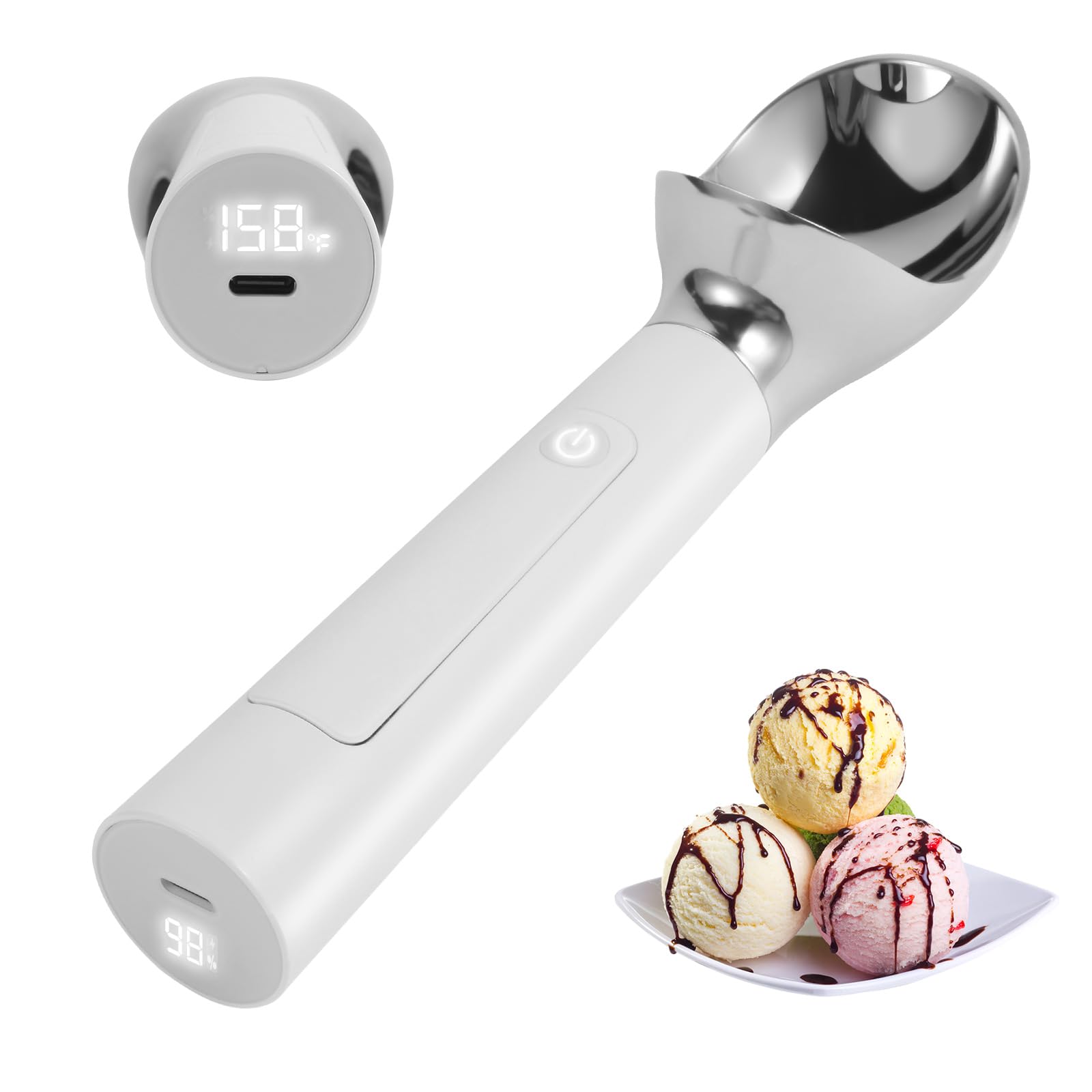 Heated Ice Cream Scoop with LED Display & 3400mAh Battery – Rechargeable, IP67 Waterproof, Instant Heating for Hard Ice Cream, Suitable for Home and Commercial Use (White) - Image 1