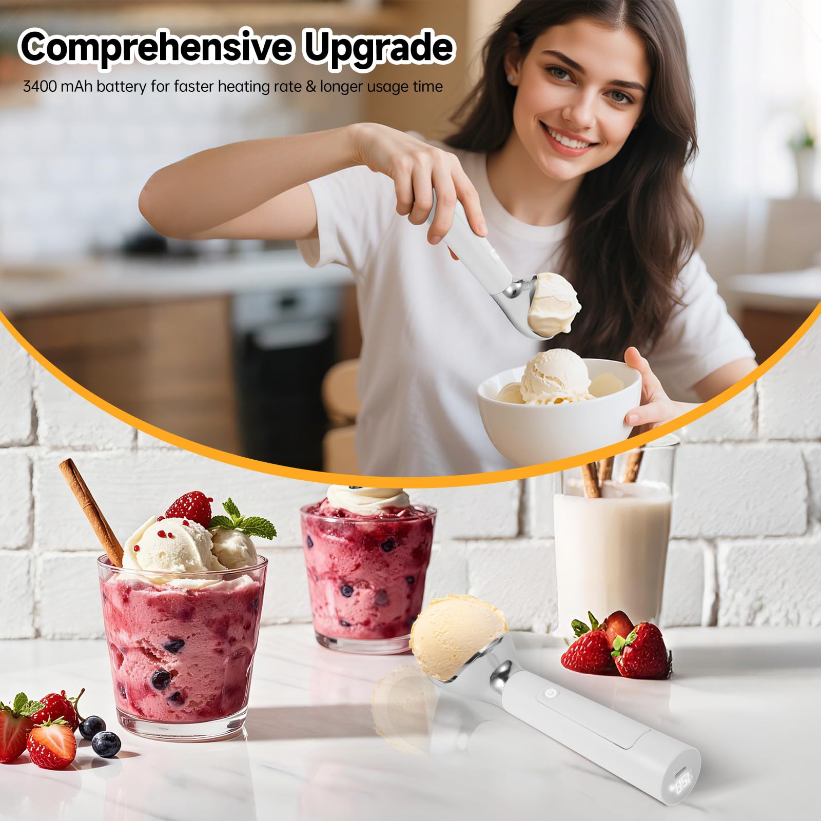 Heated Ice Cream Scoop with LED Display & 3400mAh Battery – Rechargeable, IP67 Waterproof, Instant Heating for Hard Ice Cream, Suitable for Home and Commercial Use (White) - Image 6