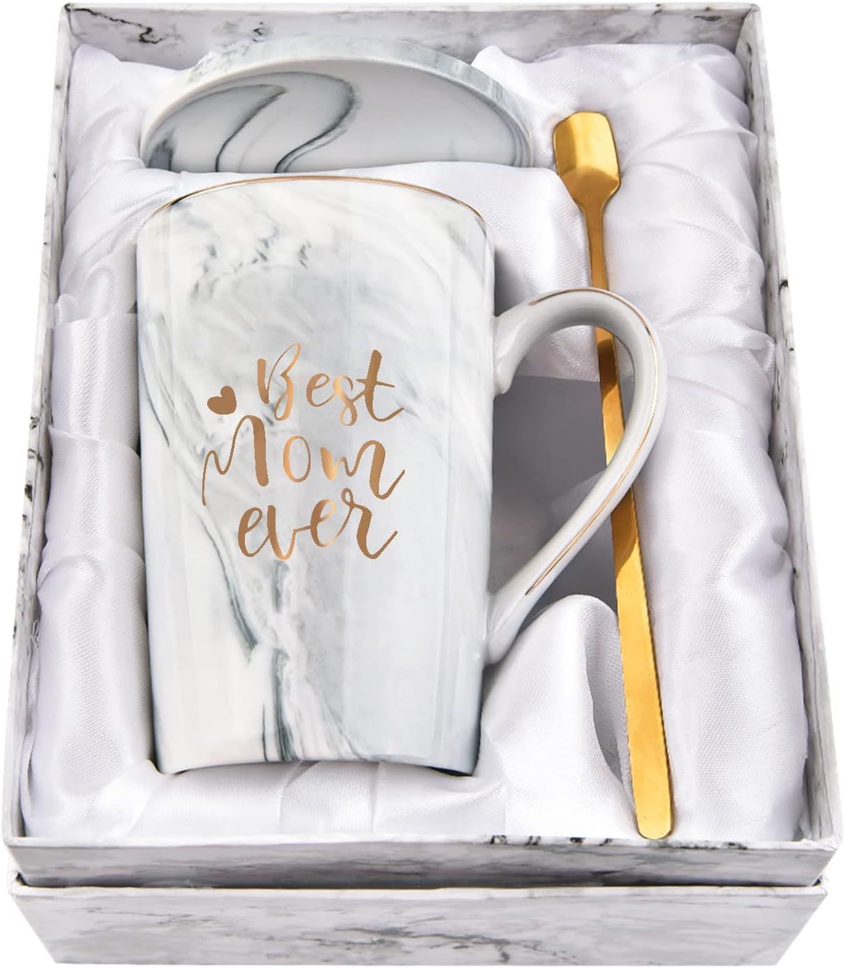 Best Mom Ever Coffee Mug Gift Set with Lid, Spoon & Coaster, 14oz Pink Marble Ceramic Cup for Mother's Day, Birthday, Christmas, Valentine's Day (White) - Image 1