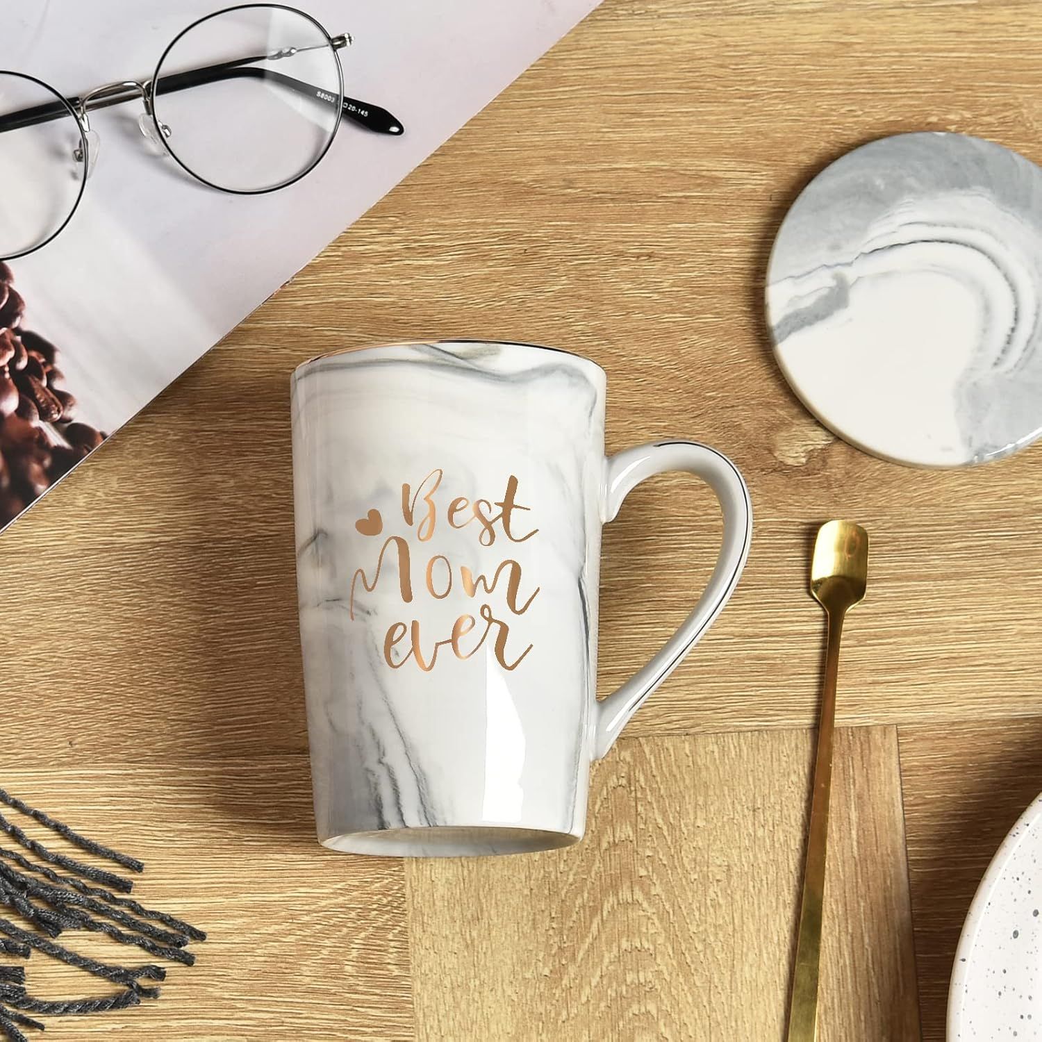 Best Mom Ever Coffee Mug Gift Set with Lid, Spoon & Coaster, 14oz Pink Marble Ceramic Cup for Mother's Day, Birthday, Christmas, Valentine's Day (White) - Image 2