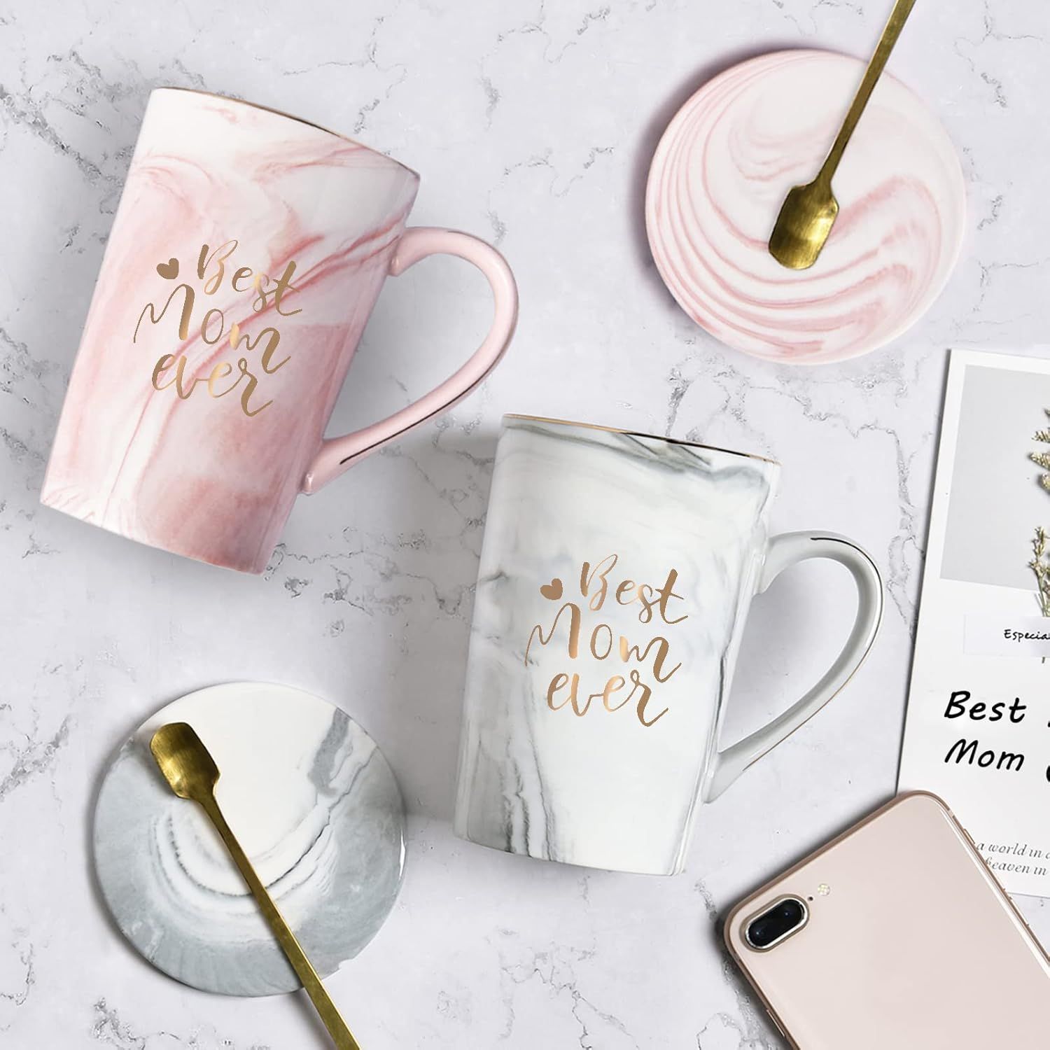Best Mom Ever Coffee Mug Gift Set with Lid, Spoon & Coaster, 14oz Pink Marble Ceramic Cup for Mother's Day, Birthday, Christmas, Valentine's Day (White) - Image 3