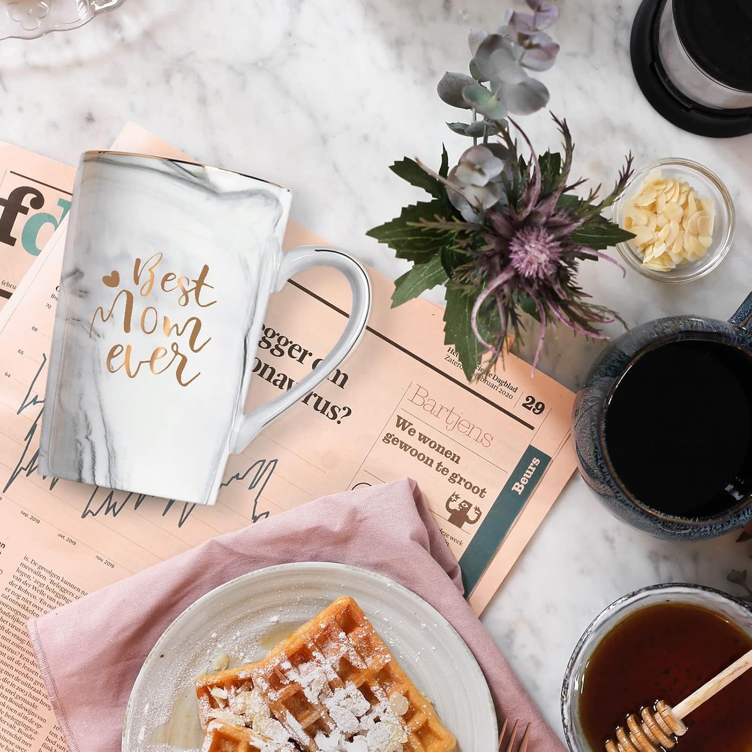 Best Mom Ever Coffee Mug Gift Set with Lid, Spoon & Coaster, 14oz Pink Marble Ceramic Cup for Mother's Day, Birthday, Christmas, Valentine's Day (White) - Image 4
