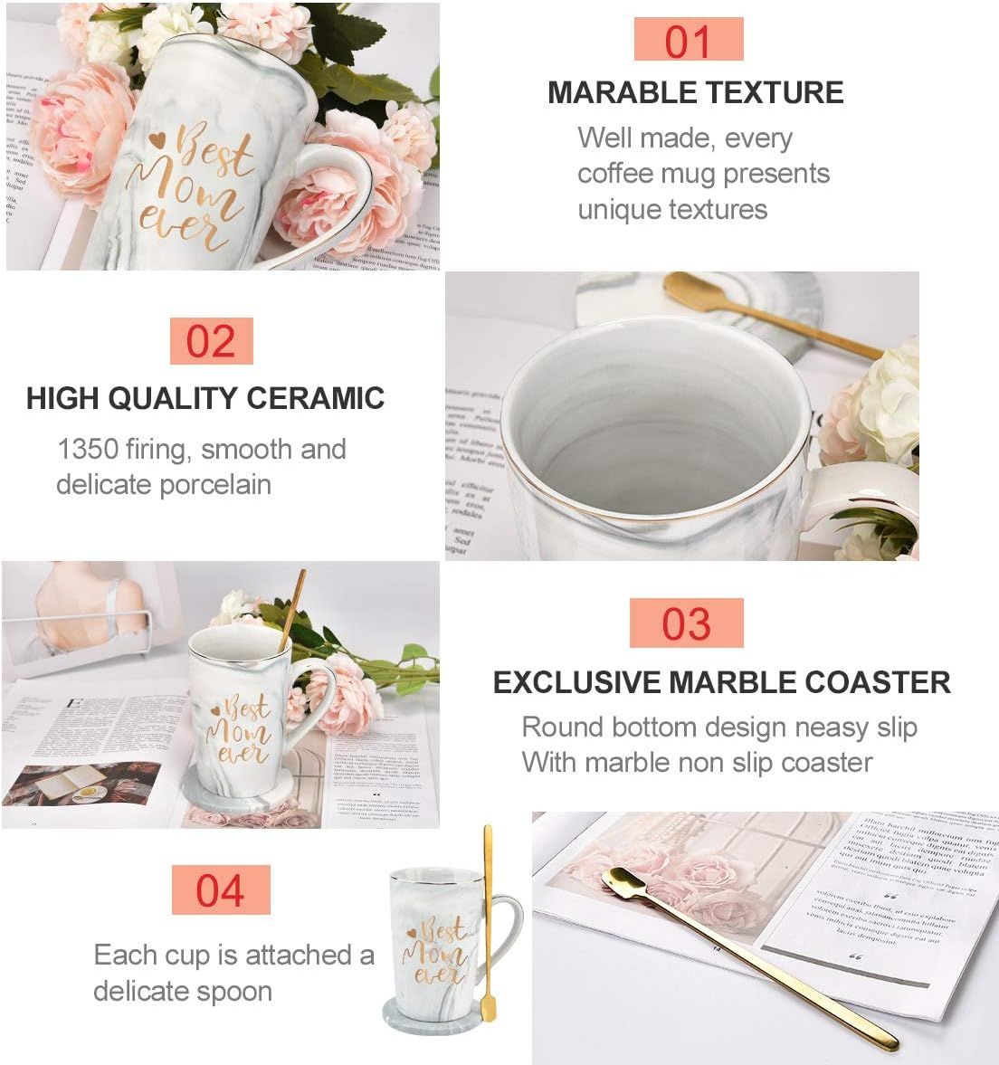 Best Mom Ever Coffee Mug Gift Set with Lid, Spoon & Coaster, 14oz Pink Marble Ceramic Cup for Mother's Day, Birthday, Christmas, Valentine's Day (White) - Image 5