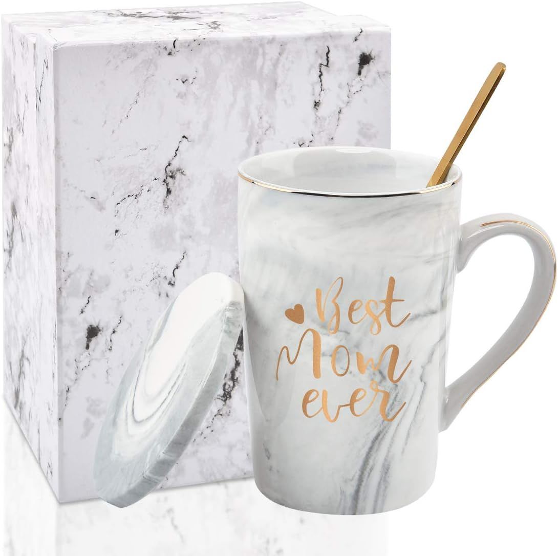 Best Mom Ever Coffee Mug Gift Set with Lid, Spoon & Coaster, 14oz Pink Marble Ceramic Cup for Mother's Day, Birthday, Christmas, Valentine's Day (White) - Image 7