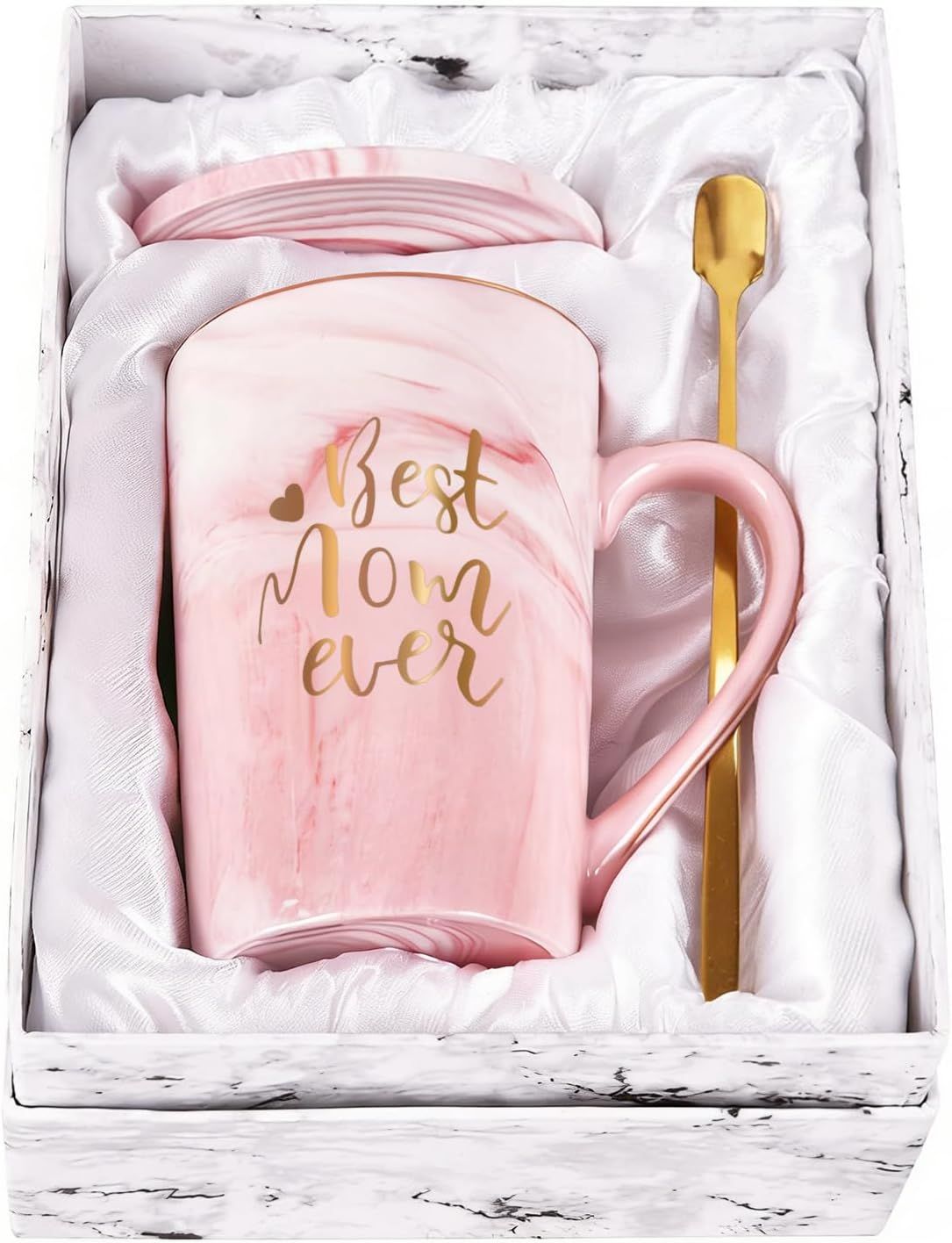 Best Mom Ever Coffee Mug Gift Set with Lid, Spoon & Coaster, 14oz Pink Marble Ceramic Cup for Mother's Day, Birthday, Christmas, Valentine's Day (Pink) - Image 1