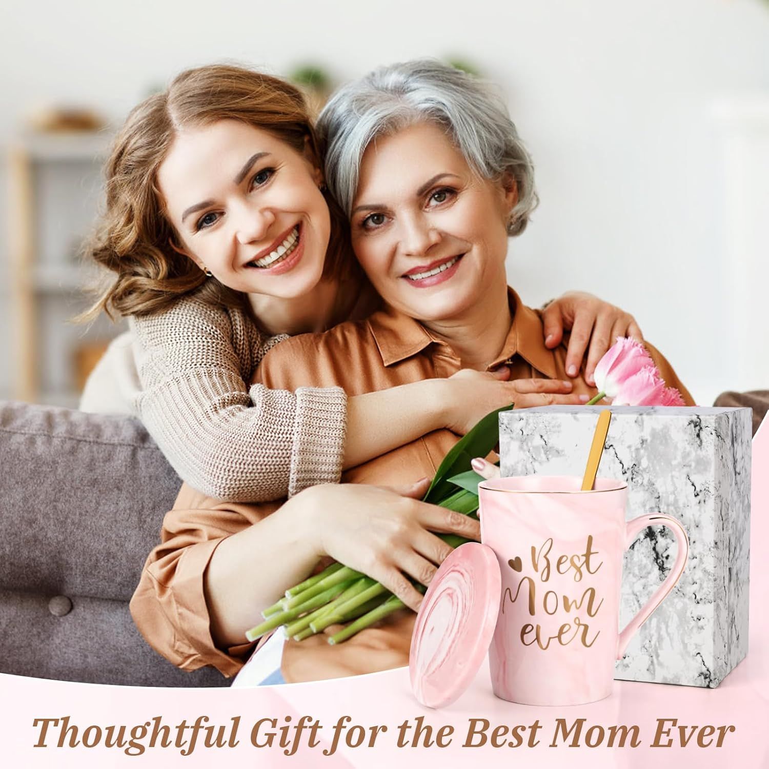 Best Mom Ever Coffee Mug Gift Set with Lid, Spoon & Coaster, 14oz Pink Marble Ceramic Cup for Mother's Day, Birthday, Christmas, Valentine's Day (Pink) - Image 2