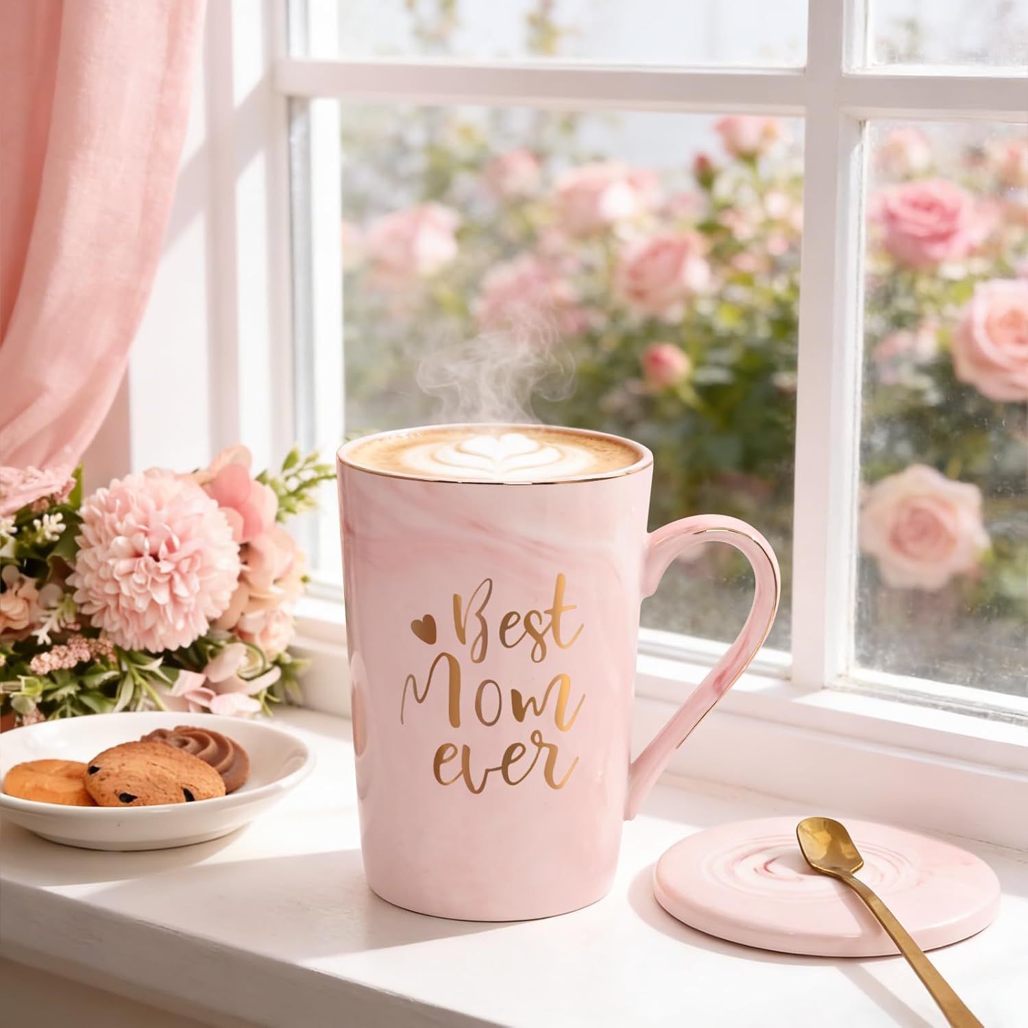 Best Mom Ever Coffee Mug Gift Set with Lid, Spoon & Coaster, 14oz Pink Marble Ceramic Cup for Mother's Day, Birthday, Christmas, Valentine's Day (Pink) - Image 3
