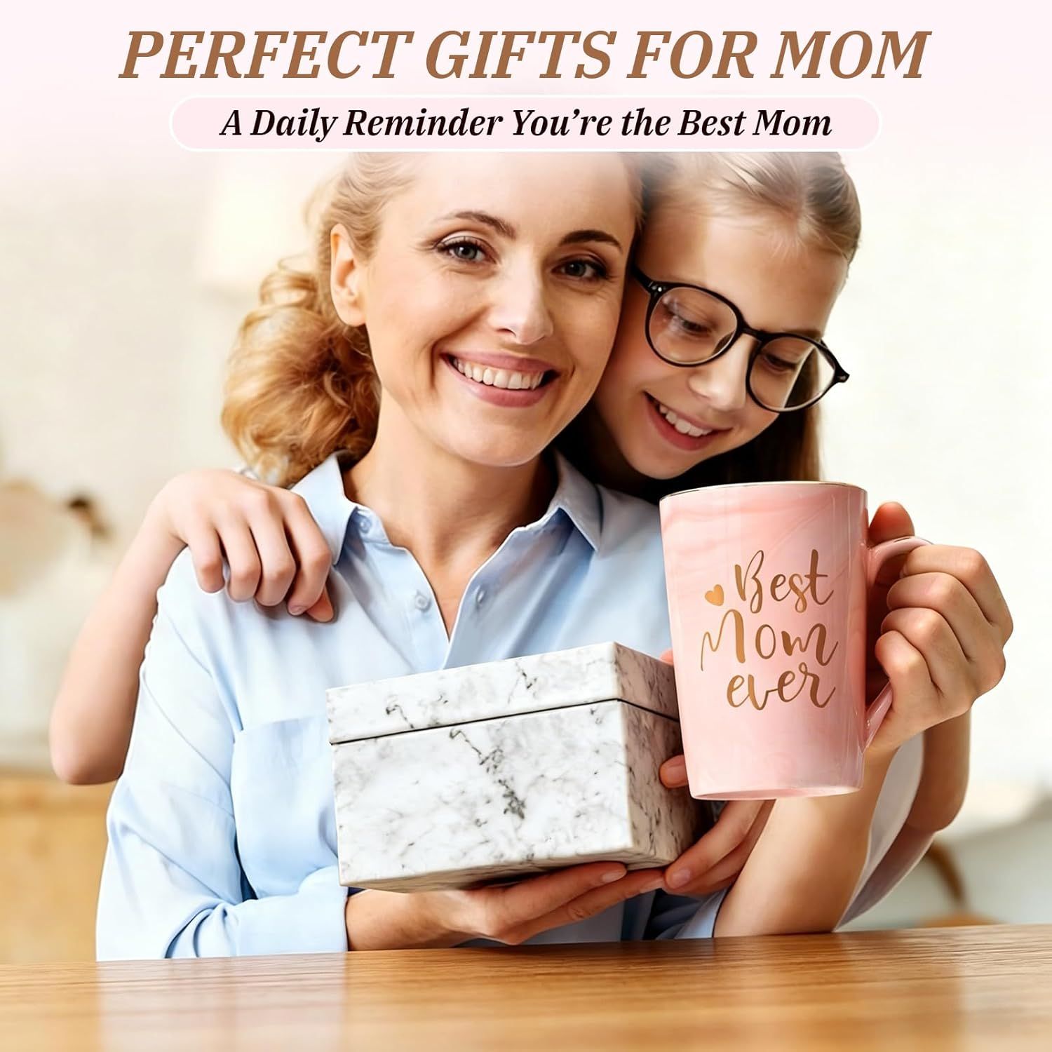 Best Mom Ever Coffee Mug Gift Set with Lid, Spoon & Coaster, 14oz Pink Marble Ceramic Cup for Mother's Day, Birthday, Christmas, Valentine's Day (Pink) - Image 4