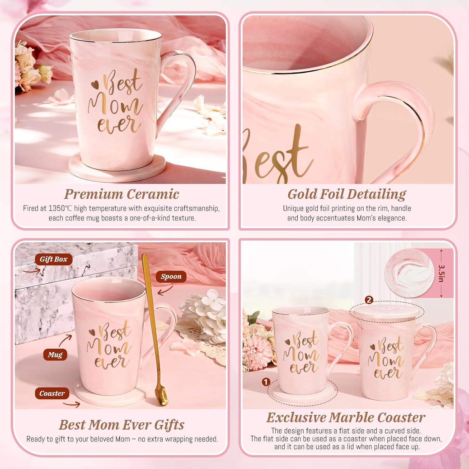 Best Mom Ever Coffee Mug Gift Set with Lid, Spoon & Coaster, 14oz Pink Marble Ceramic Cup for Mother's Day, Birthday, Christmas, Valentine's Day (Pink) - Image 5