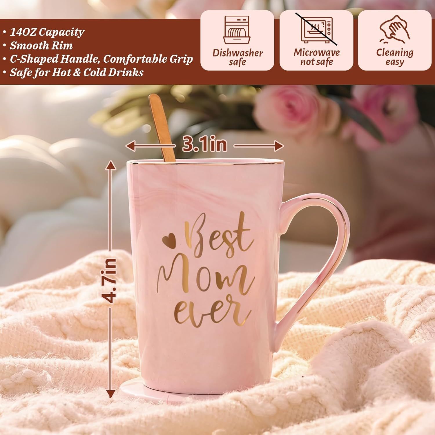 Best Mom Ever Coffee Mug Gift Set with Lid, Spoon & Coaster, 14oz Pink Marble Ceramic Cup for Mother's Day, Birthday, Christmas, Valentine's Day (Pink) - Image 7
