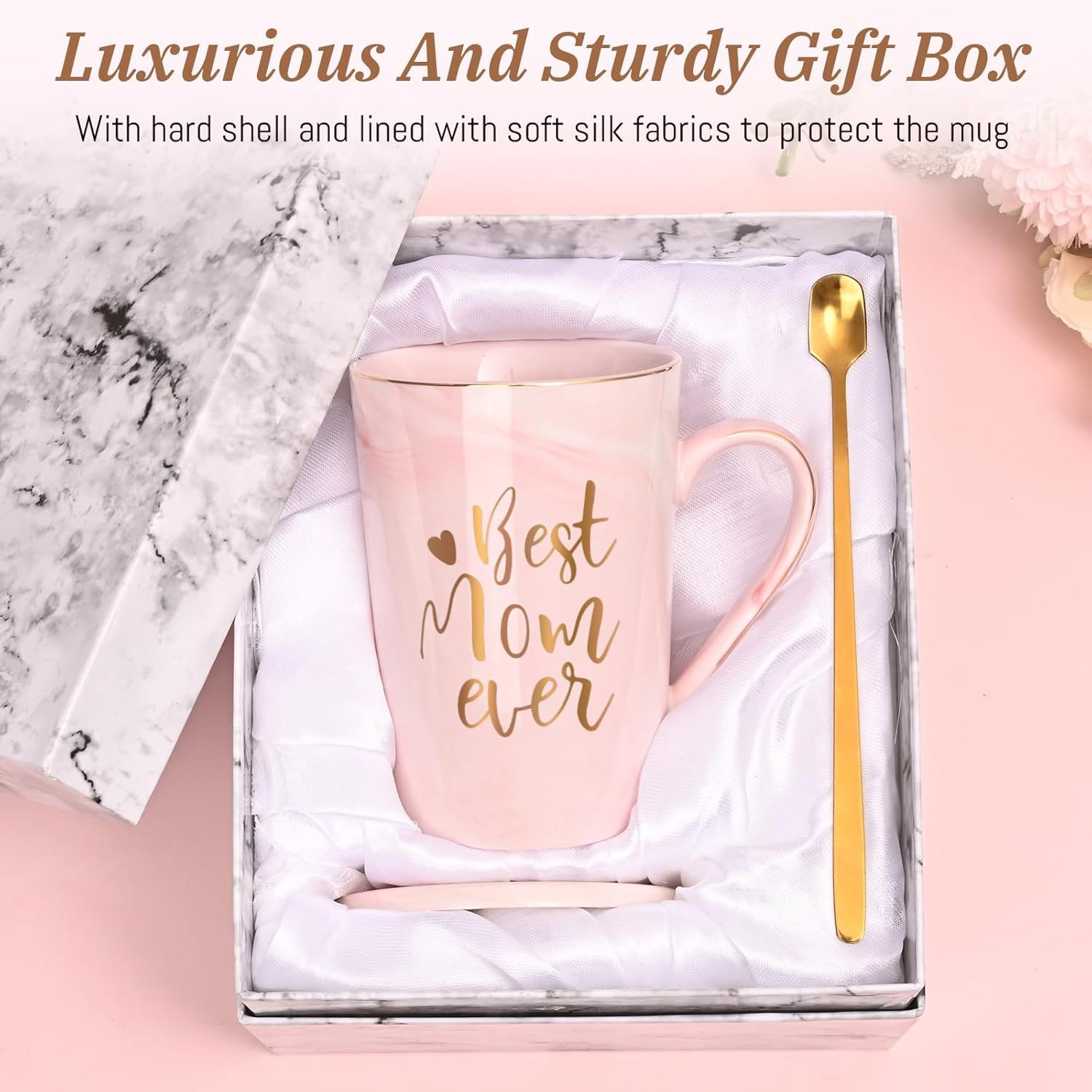 Best Mom Ever Coffee Mug Gift Set with Lid, Spoon & Coaster, 14oz Pink Marble Ceramic Cup for Mother's Day, Birthday, Christmas, Valentine's Day (Pink) - Image 8