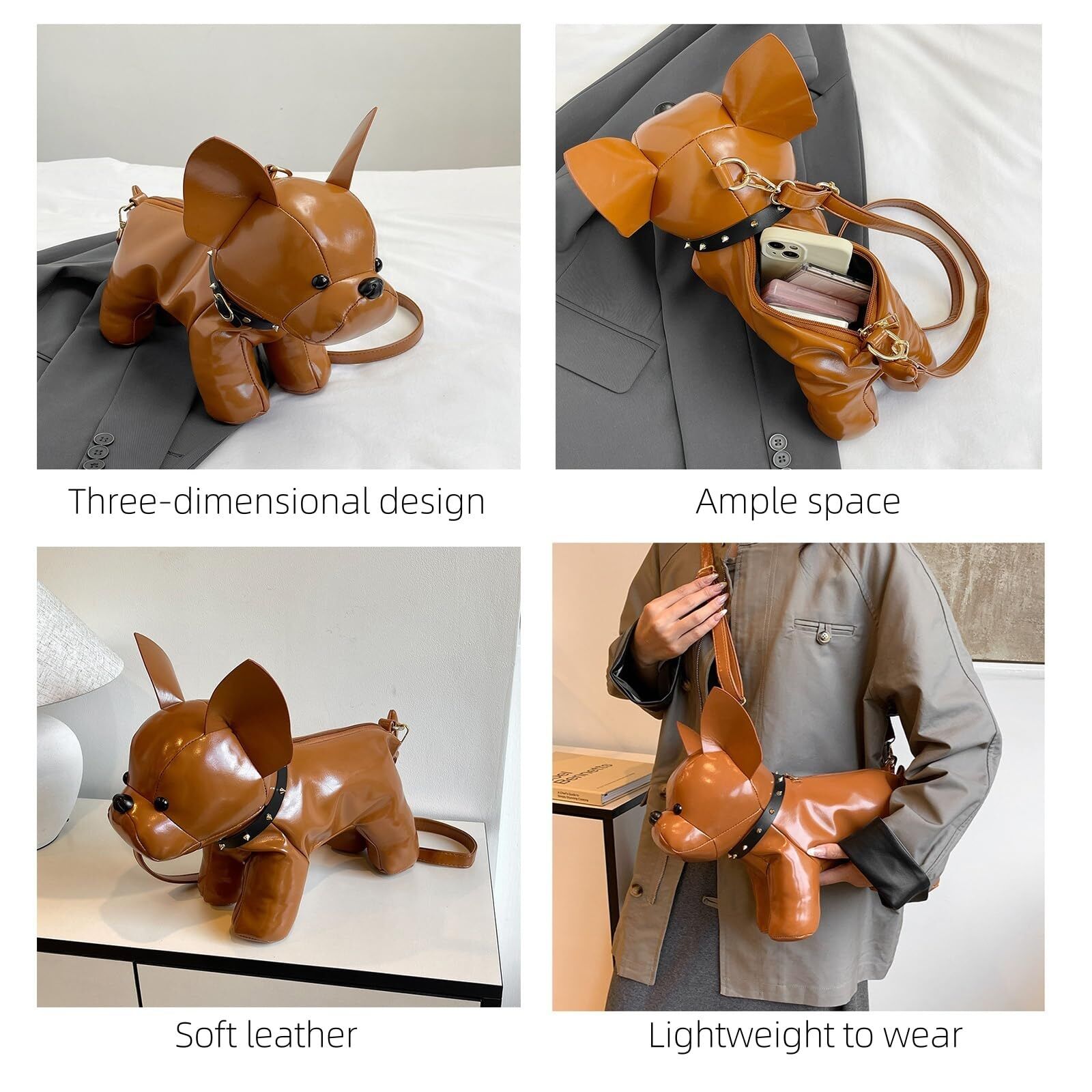 French Bulldog Shaped Bag – Cute Animal Crossbody Shoulder Bag with Adjustable Strap, PU Leather Dog Backpack for Women, Fashion Statement Accessory (Brown) - Image 3