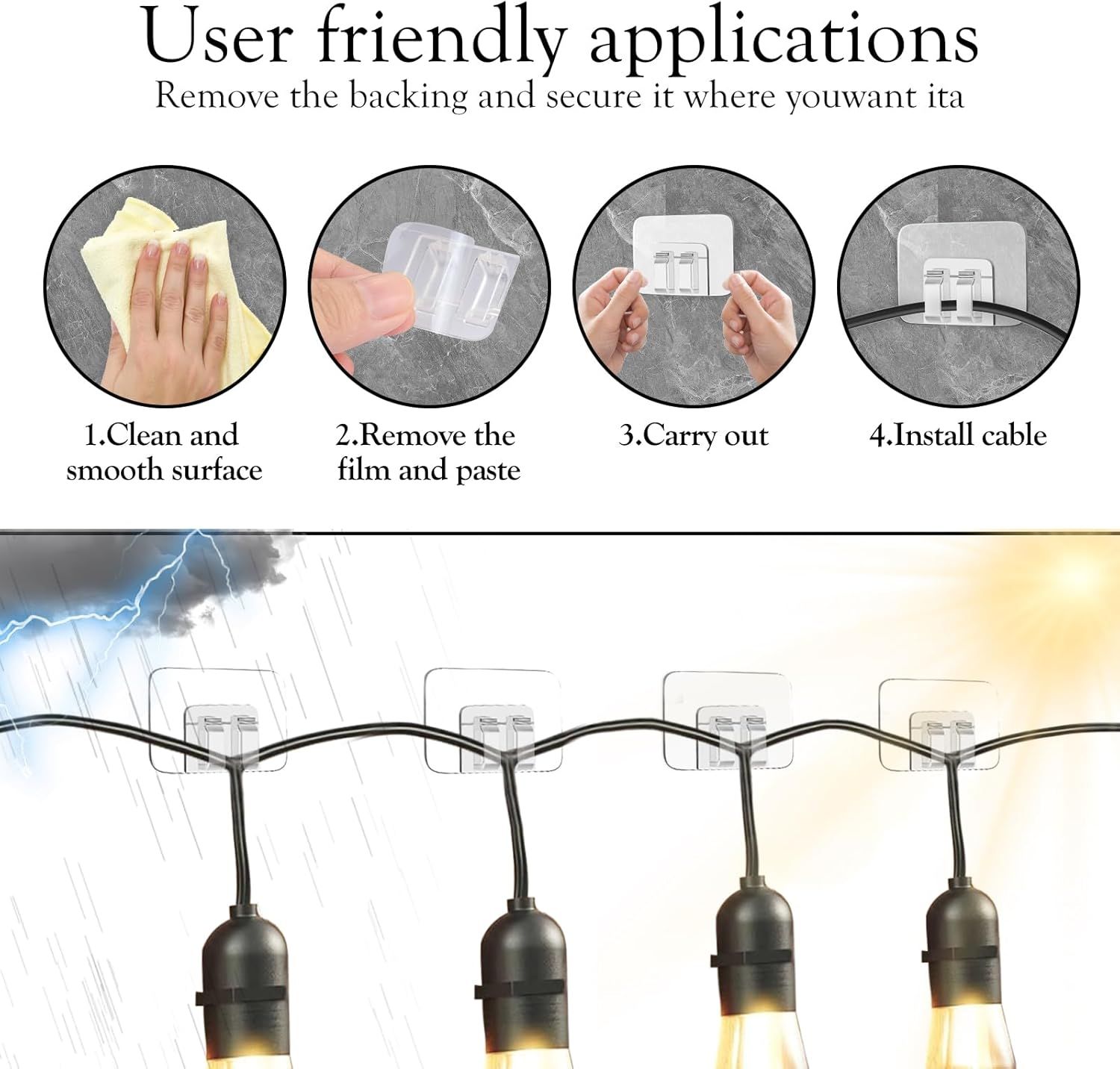100PCS Heavy Duty Clear Adhesive Hooks for Outdoor String Lights, Cable Management Clips, Waterproof & UV-Resistant Wire Organizer for Holiday Decor (Transparent) - Image 5
