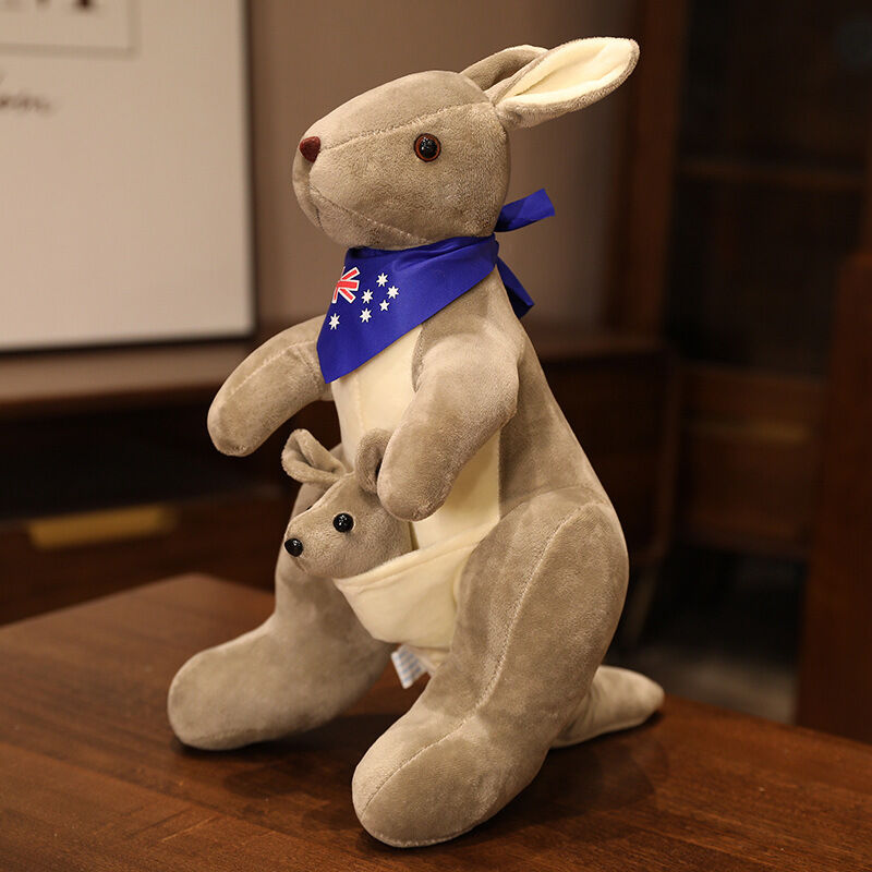 Kangaroo Stuffed Animal with Joey in Pouch & Australia Scarf - Soft Cuddly Plush Toy(32cm, light grey)| Other Colors Available in Store - Image 1