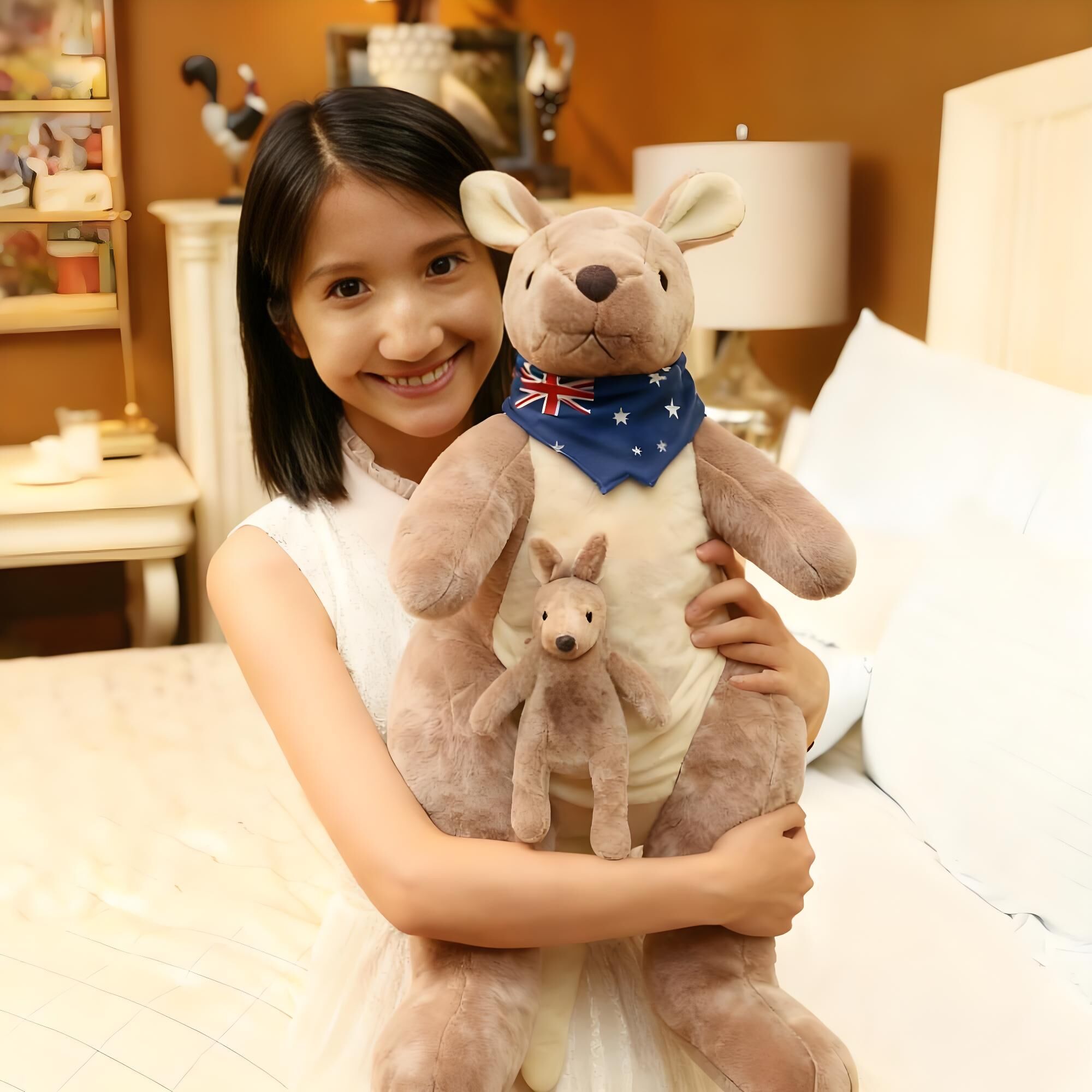 Kangaroo Stuffed Animal with Joey in Pouch & Australia Scarf - Soft Cuddly Plush Toy(32cm, light grey)| Other Colors Available in Store - Image 3