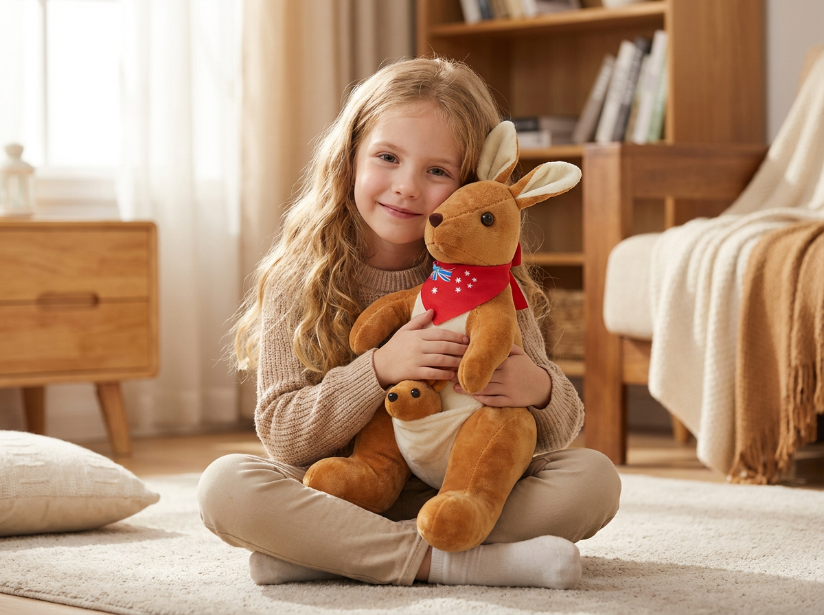 Kangaroo Stuffed Animal with Joey in Pouch & Australia Scarf - Soft Cuddly Plush Toy(32cm,light brown
)| Other Colors Available in Store - Image 3