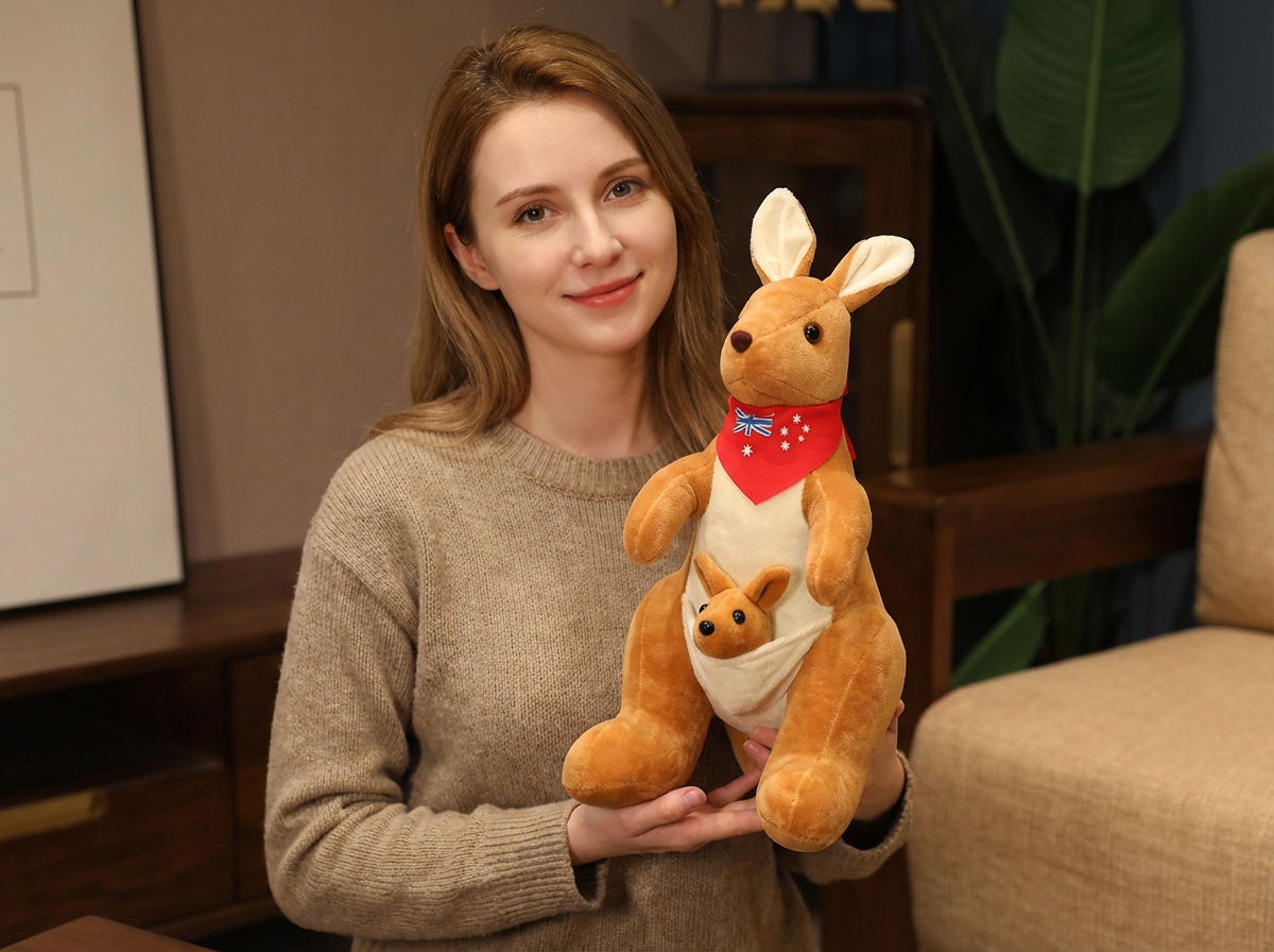 Kangaroo Stuffed Animal with Joey in Pouch & Australia Scarf - Soft Cuddly Plush Toy(32cm,light brown
)| Other Colors Available in Store - Image 4