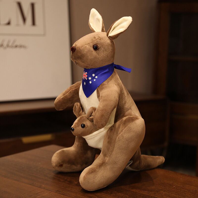 Kangaroo Stuffed Animal with Joey in Pouch & Australia Scarf - Soft Cuddly Plush Toy(32cm, Dark brown
)| Other Colors Available in Store - Image 1
