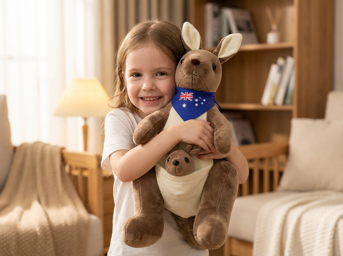Kangaroo Stuffed Animal with Joey in Pouch & Australia Scarf - Soft Cuddly Plush Toy(32cm, Dark brown
)| Other Colors Available in Store - Image 2
