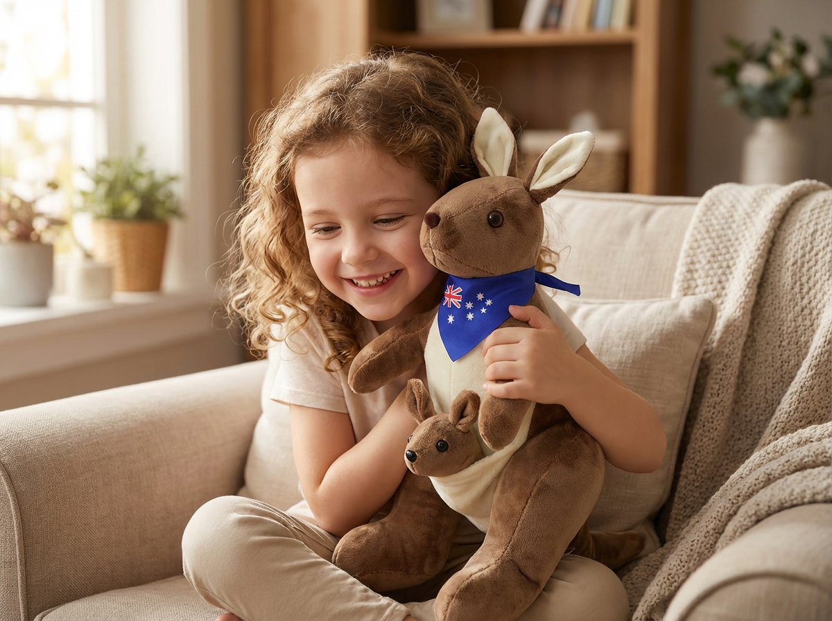 Kangaroo Stuffed Animal with Joey in Pouch & Australia Scarf - Soft Cuddly Plush Toy(32cm, Dark brown
)| Other Colors Available in Store - Image 3
