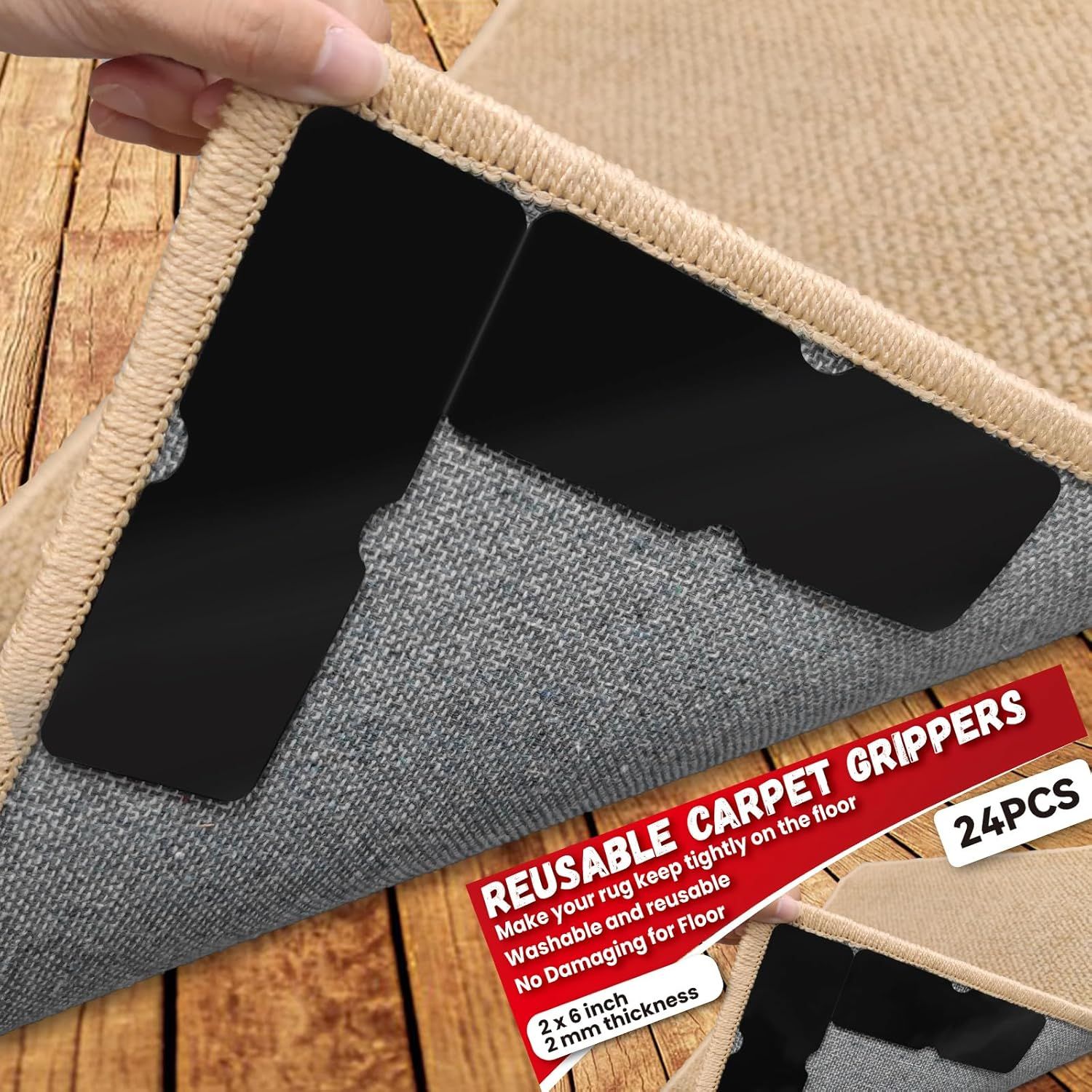 24PCS Reusable Carpet Grippers, Washable Non-Slip Rug Tape for Hardwood Floors, Strong Adhesive Rug Corners Fixer, No Residue Rug Pads for Area Rugs (Black) - Image 1