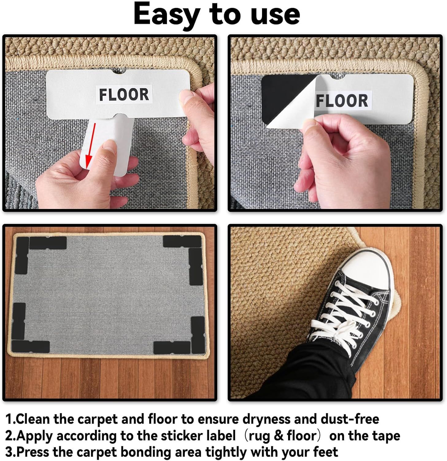 24PCS Reusable Carpet Grippers, Washable Non-Slip Rug Tape for Hardwood Floors, Strong Adhesive Rug Corners Fixer, No Residue Rug Pads for Area Rugs (Black) - Image 5