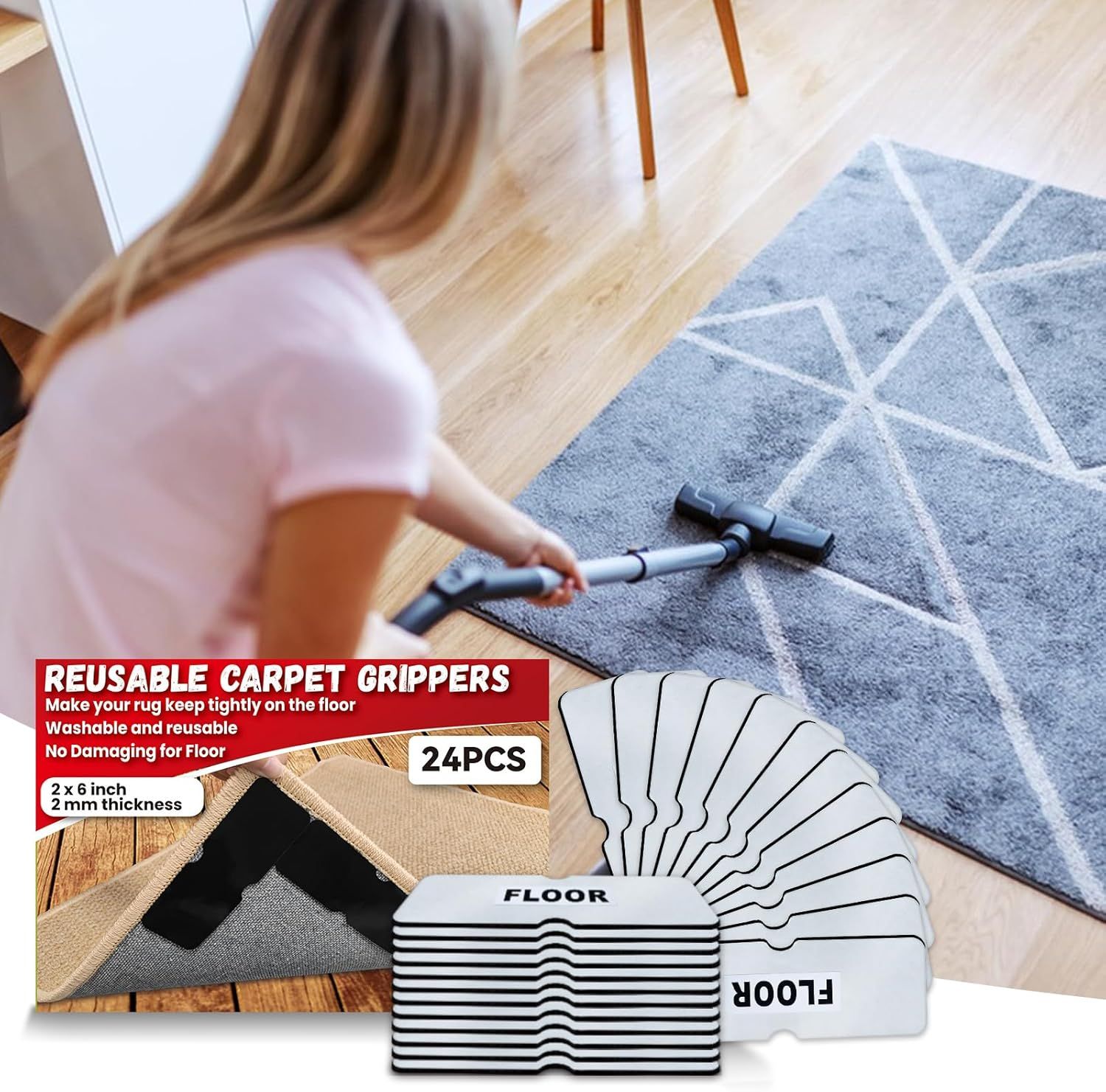 24PCS Reusable Carpet Grippers, Washable Non-Slip Rug Tape for Hardwood Floors, Strong Adhesive Rug Corners Fixer, No Residue Rug Pads for Area Rugs (Black) - Image 7