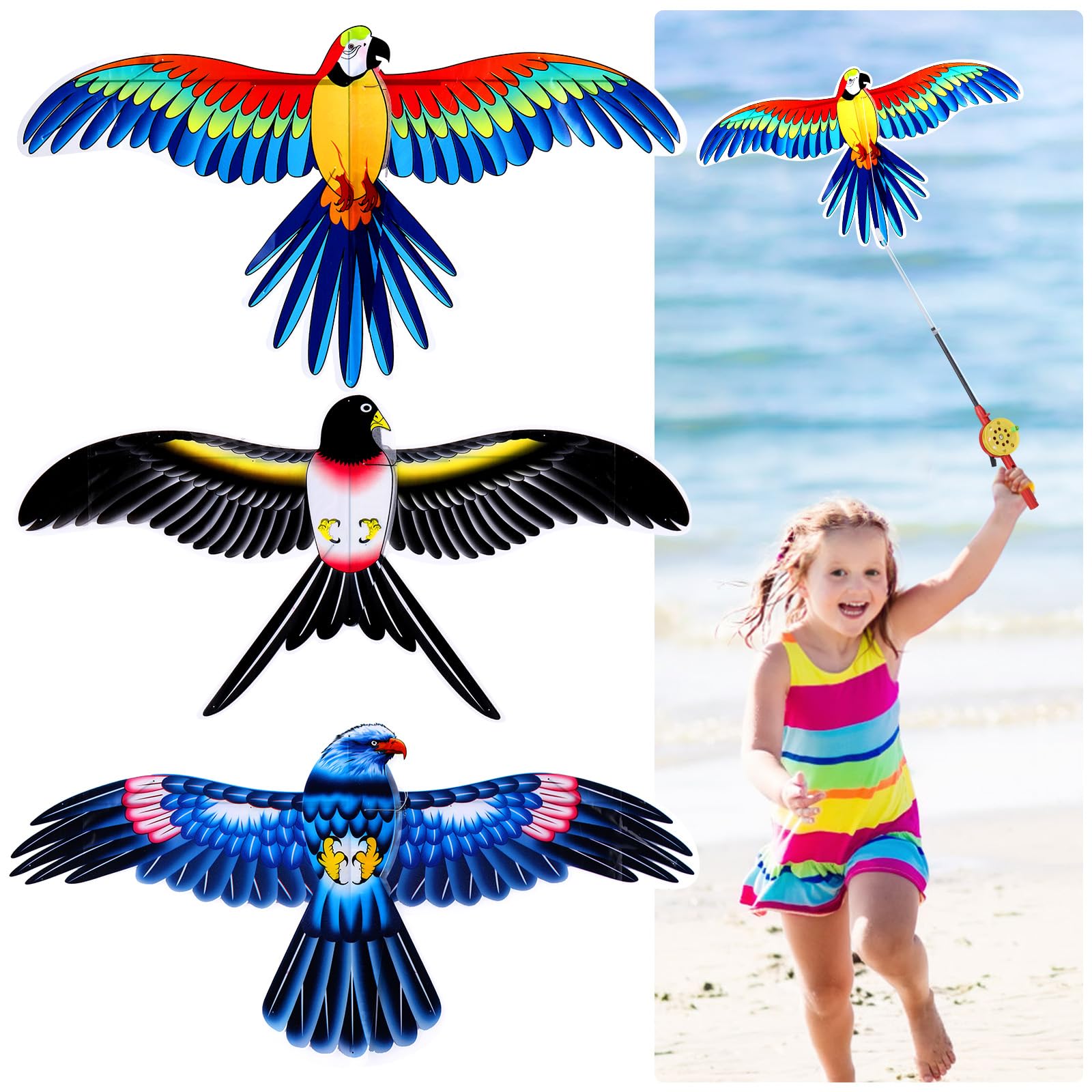 Kids’ Mini Fishing-Rod Kite Set – 3-Pack Bird Designs, Easy-Grip Reel Handle, Adjustable Line, Lightweight & Durable for Outdoor Play, Perfect for Beginners Ages 3–8, Encourages Active Fun and Family Bonding (Multicolor) - Image 1