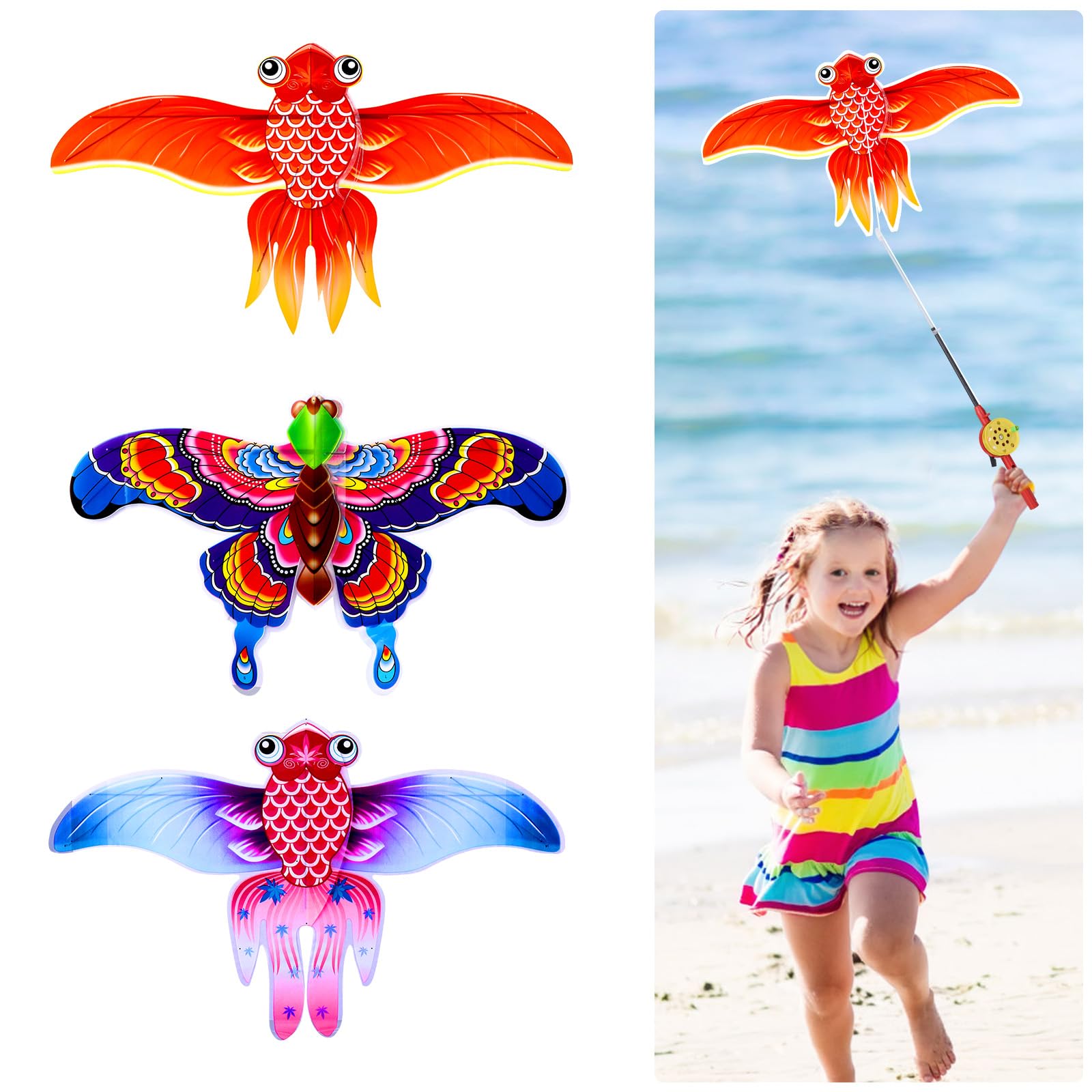 Kids’ Mini Fishing-Rod Kite Set –  3-Pack Fish Designs, Easy-Grip Reel Handle, Adjustable Line, Lightweight & Durable for Outdoor Play, Perfect for Beginners Ages 3–8, Encourages Active Fun and Family Bonding (Multicolor) - Image 1