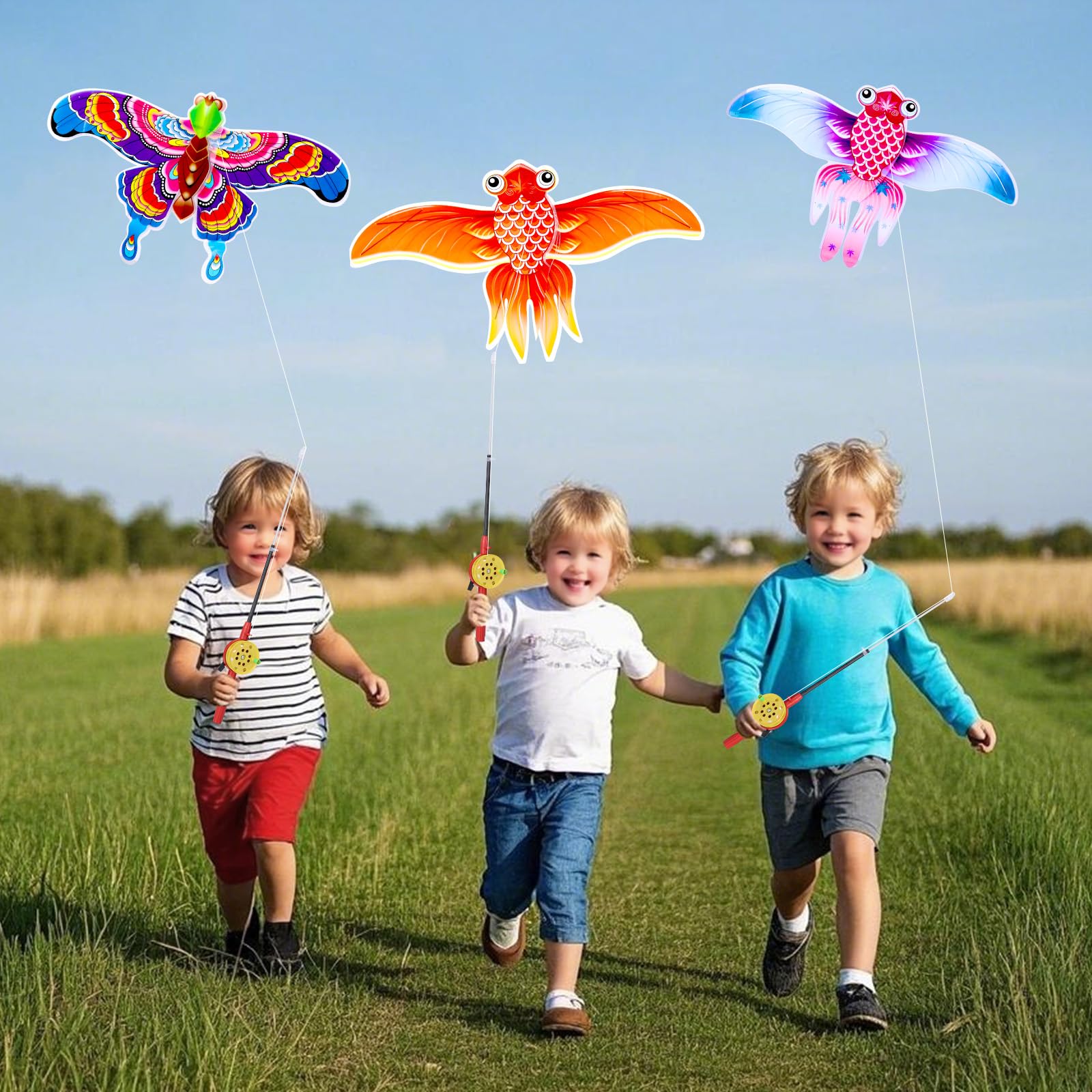 Kids’ Mini Fishing-Rod Kite Set –  3-Pack Fish Designs, Easy-Grip Reel Handle, Adjustable Line, Lightweight & Durable for Outdoor Play, Perfect for Beginners Ages 3–8, Encourages Active Fun and Family Bonding (Multicolor) - Image 4