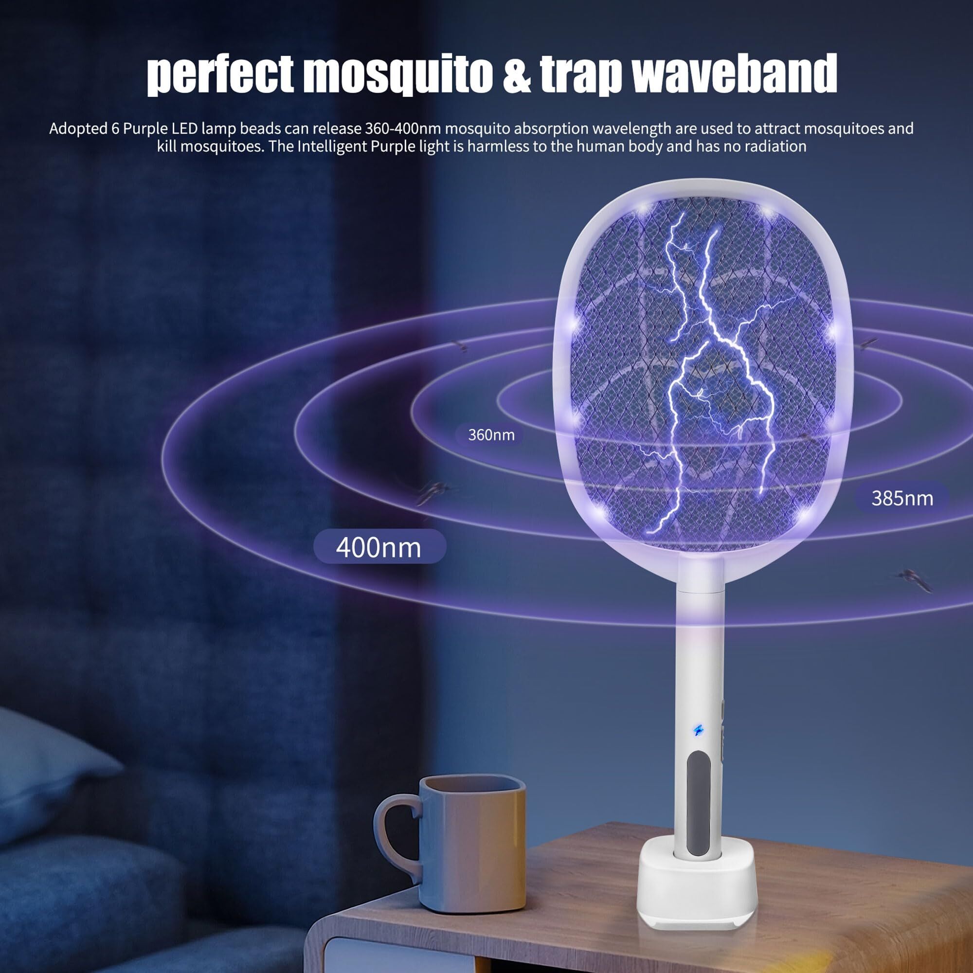 Dual-Mode UV Electric Mosquito Swatter with LED Attraction & 3000V Zapper – Rechargeable Bug Killer for Indoor and Outdoor Use (White) - Image 4