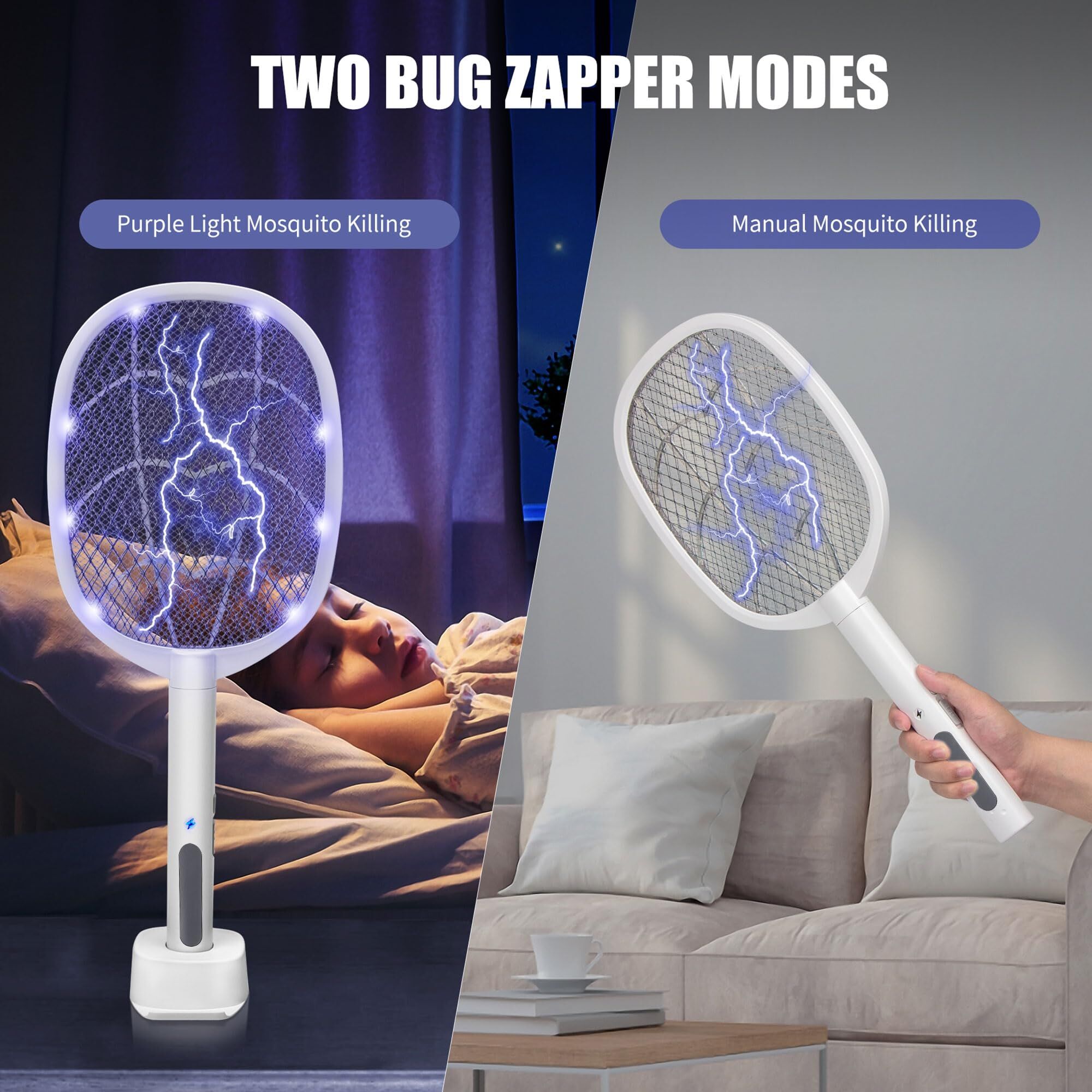 Dual-Mode UV Electric Mosquito Swatter with LED Attraction & 3000V Zapper – Rechargeable Bug Killer for Indoor and Outdoor Use (White) - Image 7