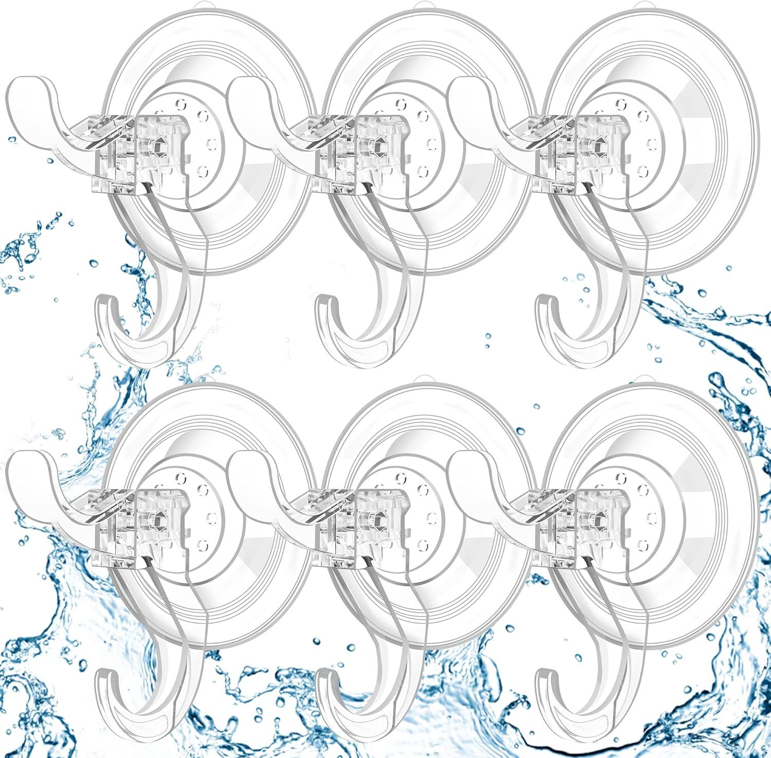 6-Pack Clear Suction Cup Hooks with Dual Hooks & Locking Lever—Reusable, Tool-Free Hanging for Glass, Mirrors, Tiles, Shower Walls—Ideal for Towels, Wreaths, Keys, Kitchen Tools - Image 1