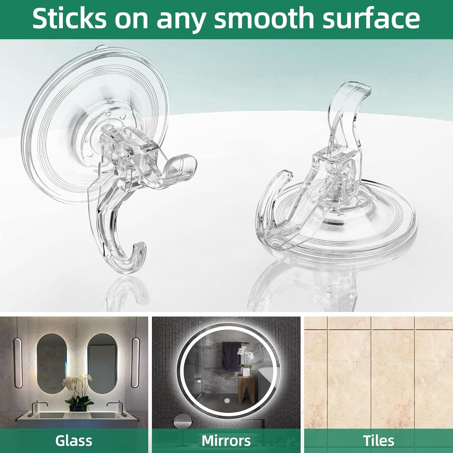 6-Pack Clear Suction Cup Hooks with Dual Hooks & Locking Lever—Reusable, Tool-Free Hanging for Glass, Mirrors, Tiles, Shower Walls—Ideal for Towels, Wreaths, Keys, Kitchen Tools - Image 2