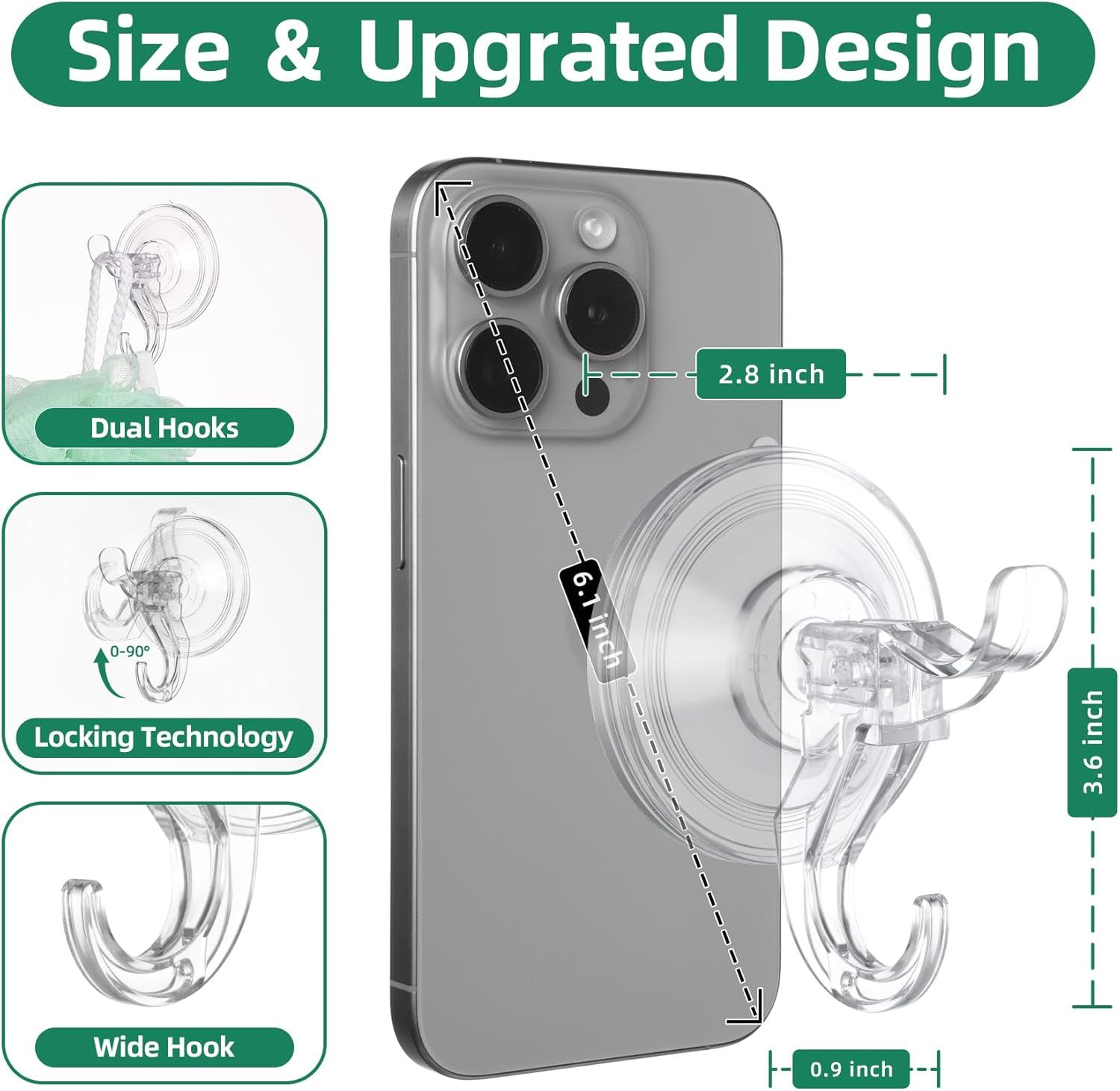 6-Pack Clear Suction Cup Hooks with Dual Hooks & Locking Lever—Reusable, Tool-Free Hanging for Glass, Mirrors, Tiles, Shower Walls—Ideal for Towels, Wreaths, Keys, Kitchen Tools - Image 4