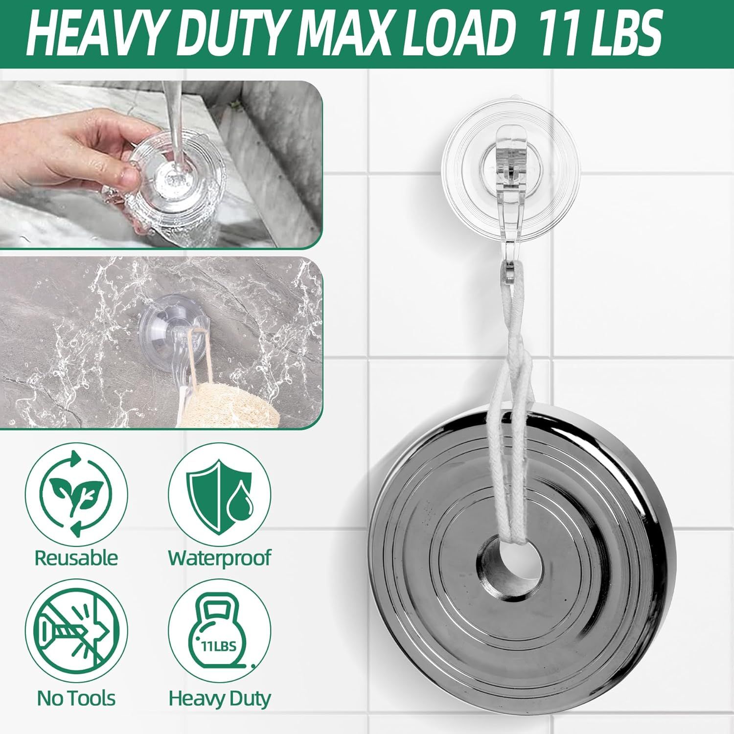 6-Pack Clear Suction Cup Hooks with Dual Hooks & Locking Lever—Reusable, Tool-Free Hanging for Glass, Mirrors, Tiles, Shower Walls—Ideal for Towels, Wreaths, Keys, Kitchen Tools - Image 5