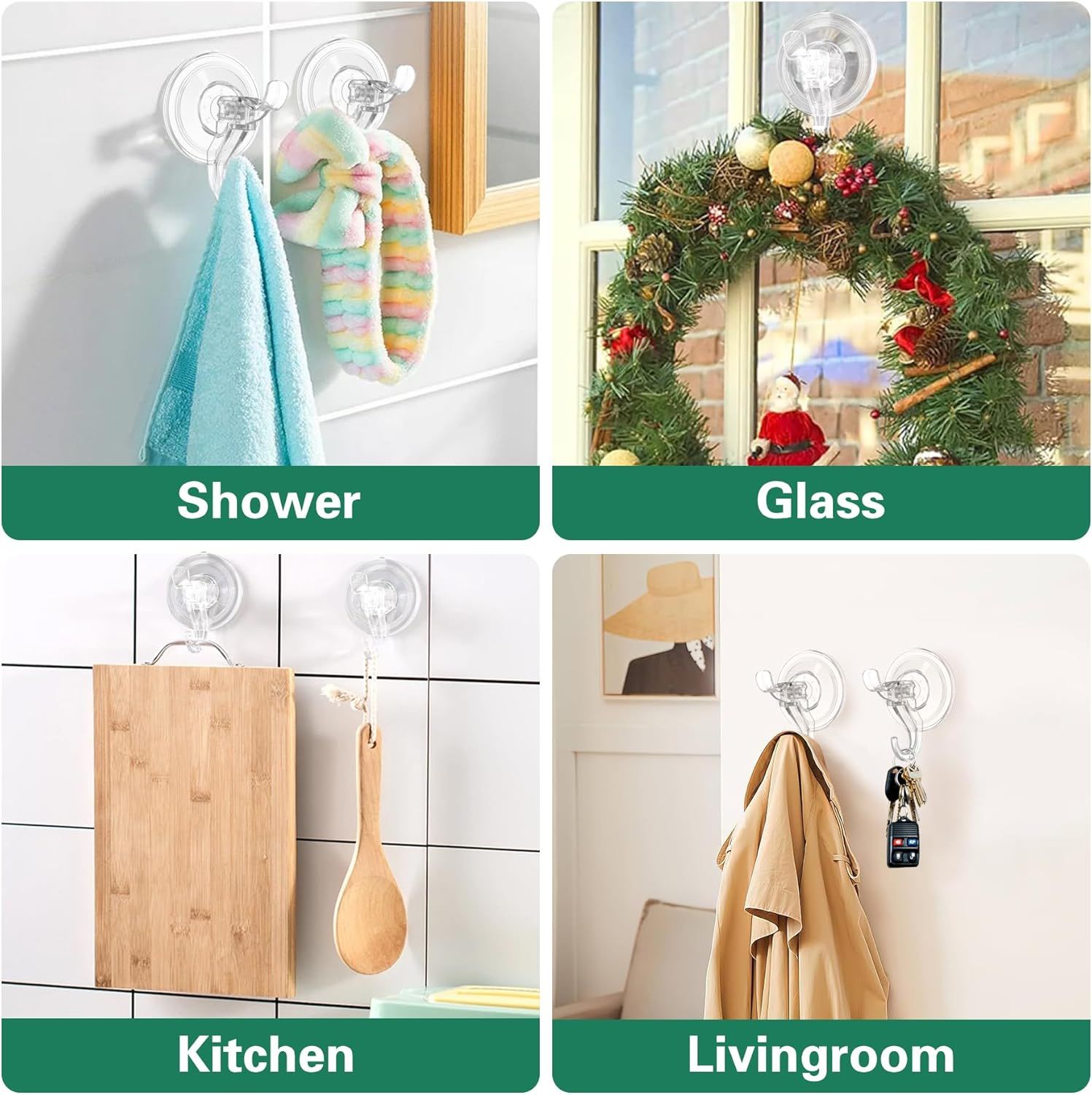 6-Pack Clear Suction Cup Hooks with Dual Hooks & Locking Lever—Reusable, Tool-Free Hanging for Glass, Mirrors, Tiles, Shower Walls—Ideal for Towels, Wreaths, Keys, Kitchen Tools - Image 6