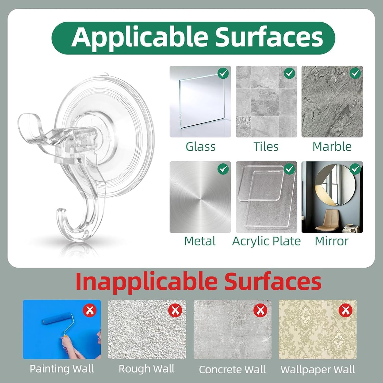 6-Pack Clear Suction Cup Hooks with Dual Hooks & Locking Lever—Reusable, Tool-Free Hanging for Glass, Mirrors, Tiles, Shower Walls—Ideal for Towels, Wreaths, Keys, Kitchen Tools - Image 7