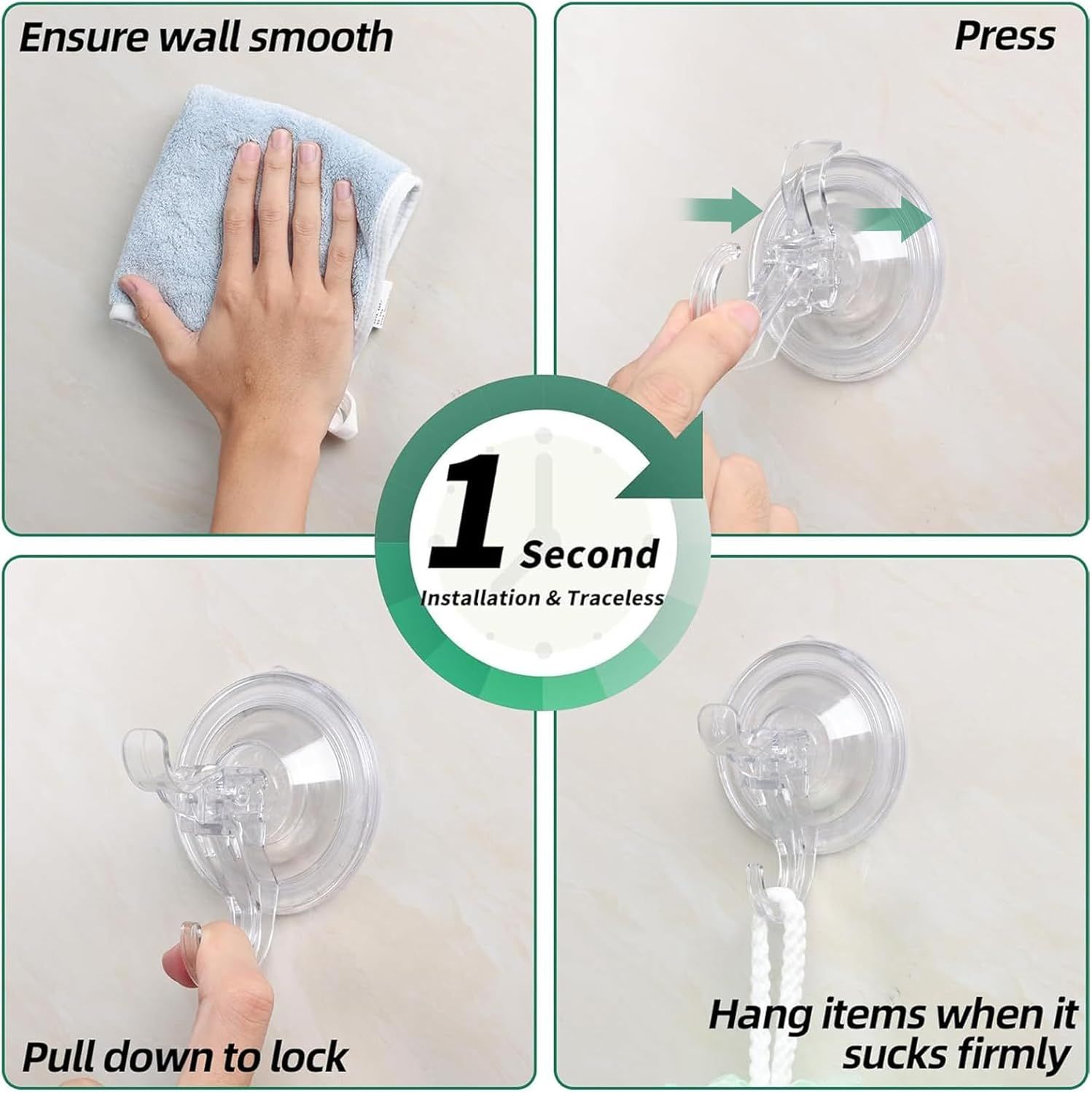 6-Pack Clear Suction Cup Hooks with Dual Hooks & Locking Lever—Reusable, Tool-Free Hanging for Glass, Mirrors, Tiles, Shower Walls—Ideal for Towels, Wreaths, Keys, Kitchen Tools - Image 8