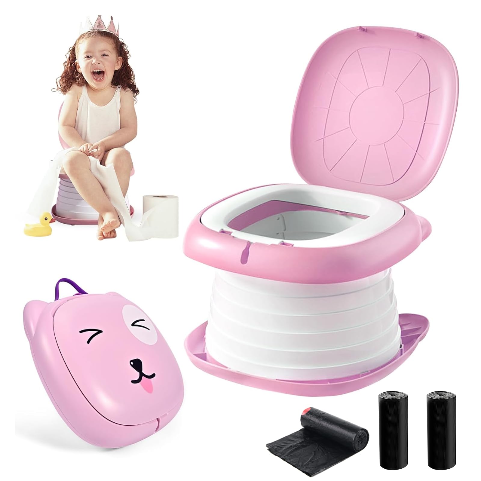 Portable Folding Potty for Toddlers – Compact Travel Toilet with Cat Design, Easy to Carry & Clean, Ideal for Home, Car, Camping, Outdoor Use (Pink) - Image 1