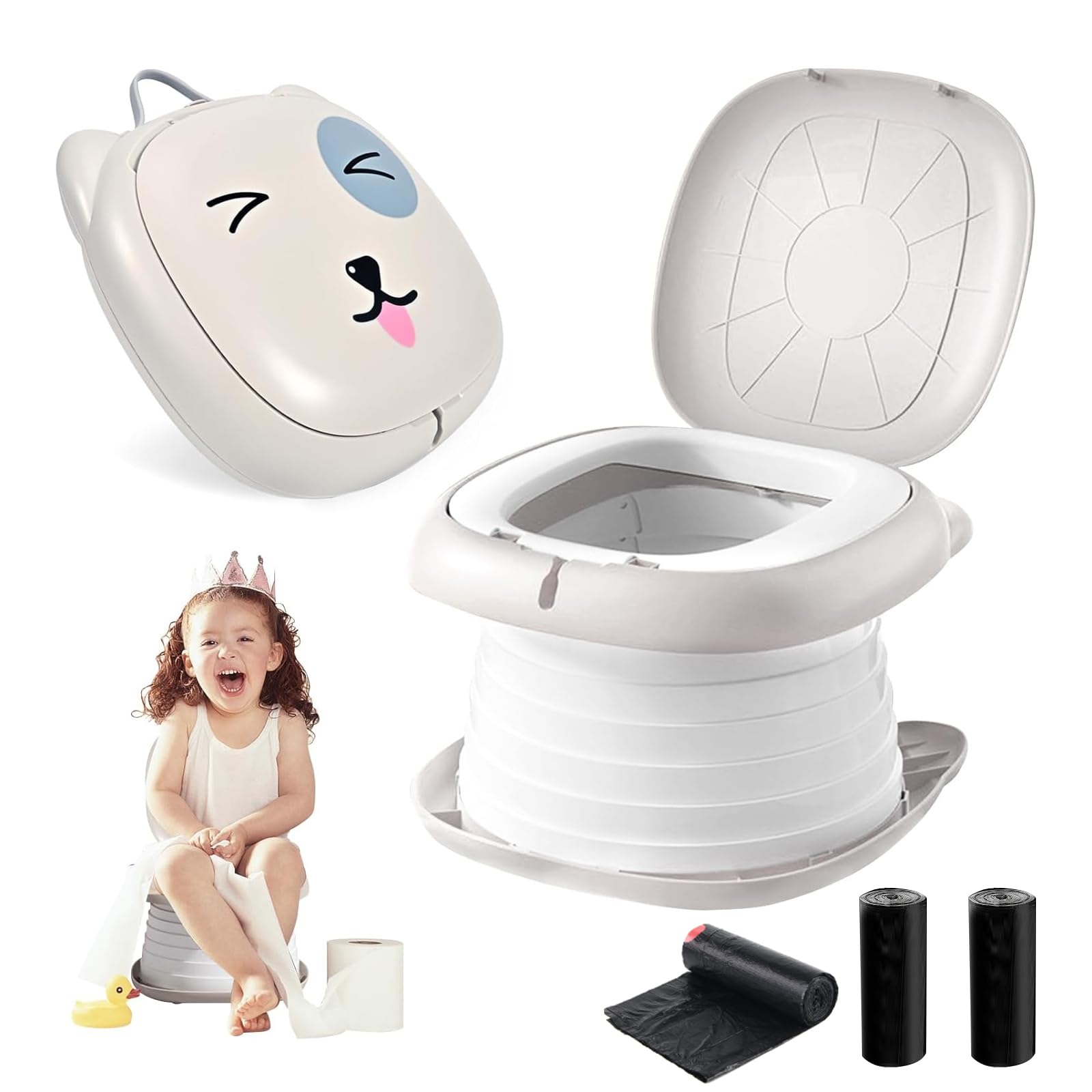 Portable Folding Potty for Toddlers – Compact Travel Toilet with Cat Design, Easy to Carry & Clean, Ideal for Home, Car, Camping, Outdoor Use (Grey) - Image 1