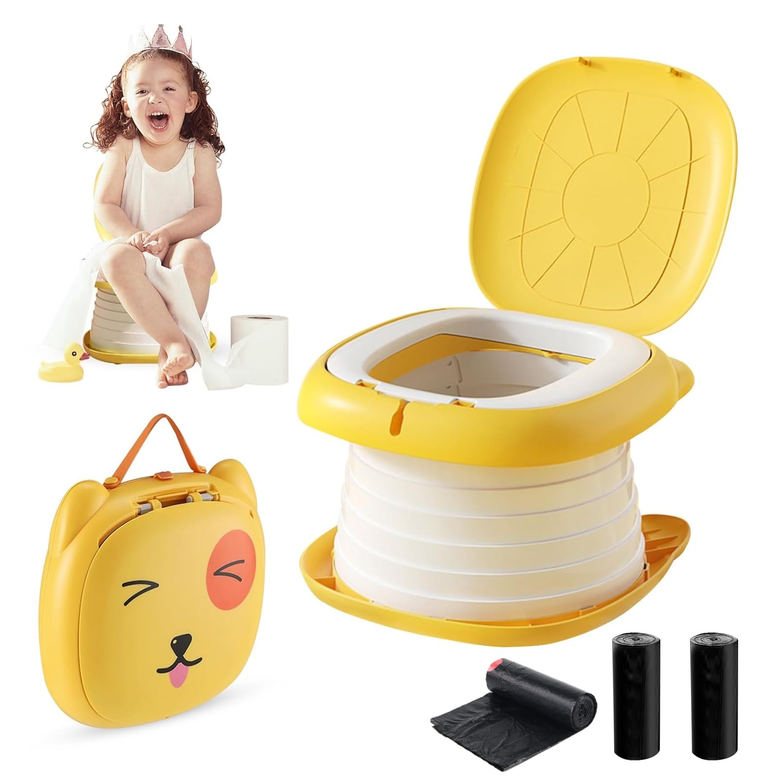 Portable Folding Potty for Toddlers – Compact Travel Toilet with Cat Design, Easy to Carry & Clean, Ideal for Home, Car, Camping, Outdoor Use (Yellow) - Image 1