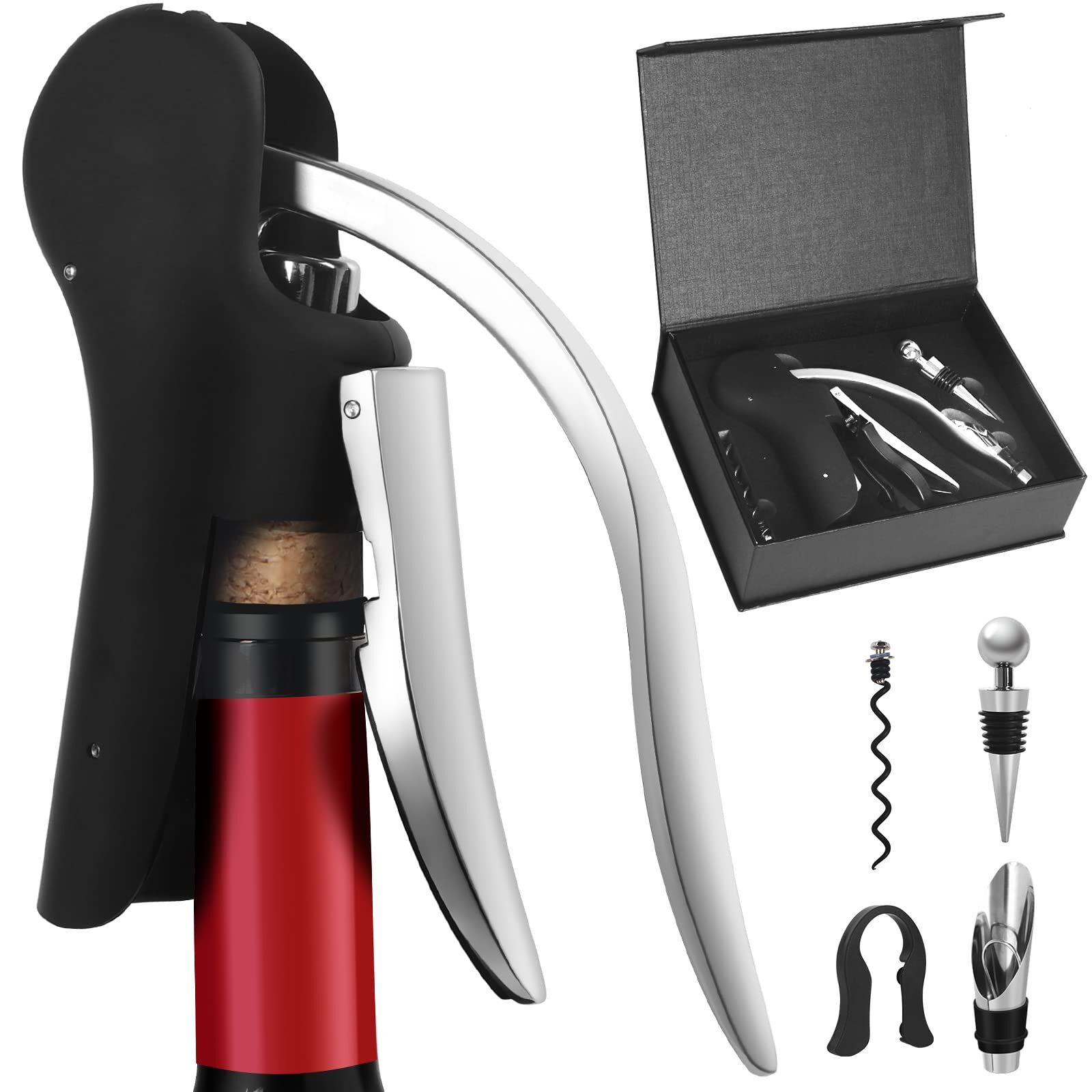 Goose-Style Rapid Wine Opener Set 20 x 13 cm – Heavy-Duty Lever Corkscrew with Foil Cutter, Pourer, Stopper, and Extra Spiral Worm – Premium Stainless Steel Wine Kit in Gift Box (Black) - Image 1